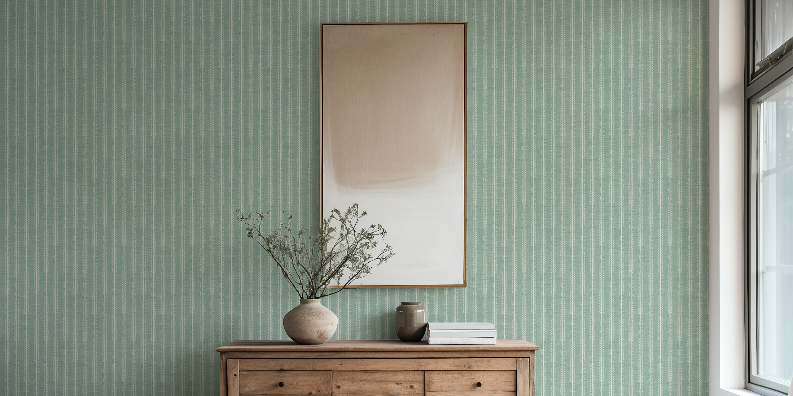 Sage green striped wallpaper with botanical motifs in white, modern design wallpaper
