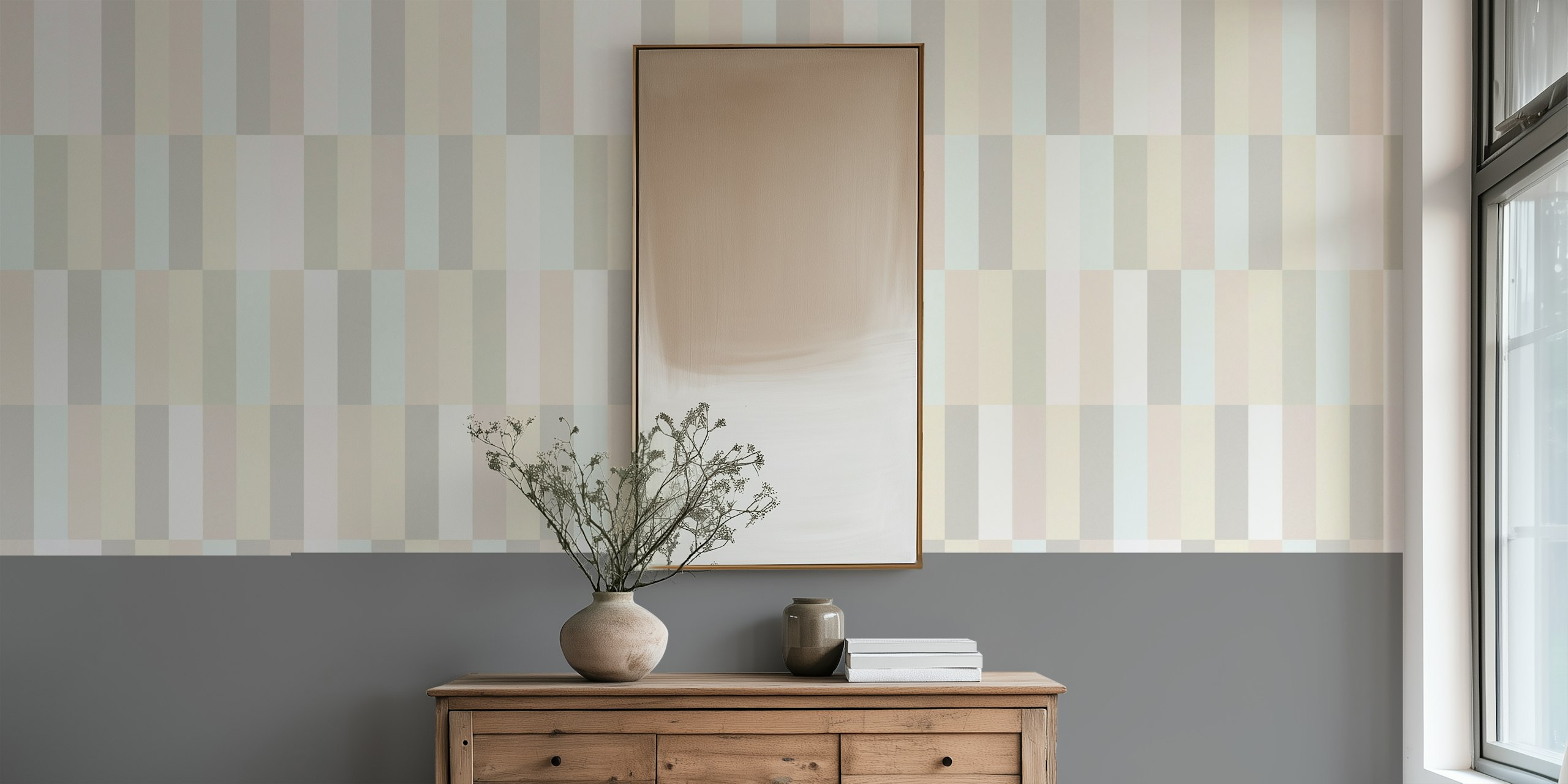 Warm neutral linear stripes wallpaper in a room