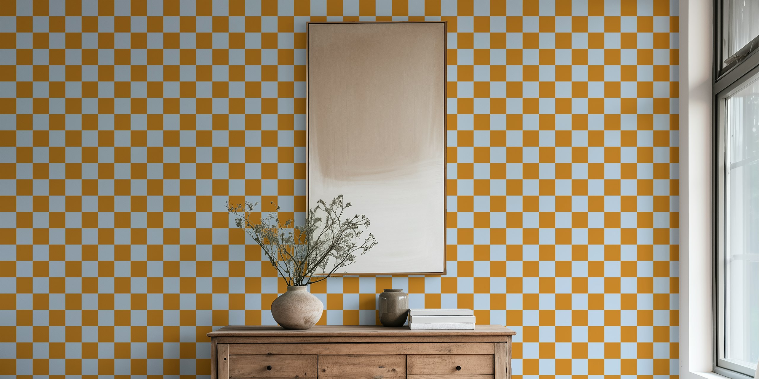Fog Blue and Desert Sun Checkerboard wallpaper in a room