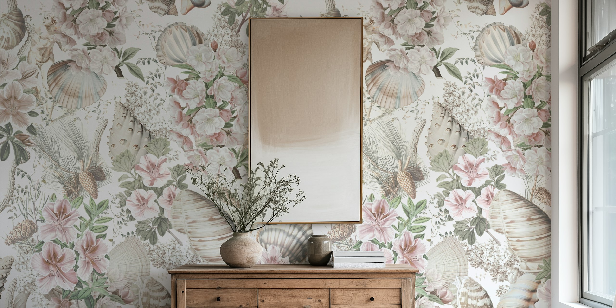 Aquamarine floral wallpaper in a room