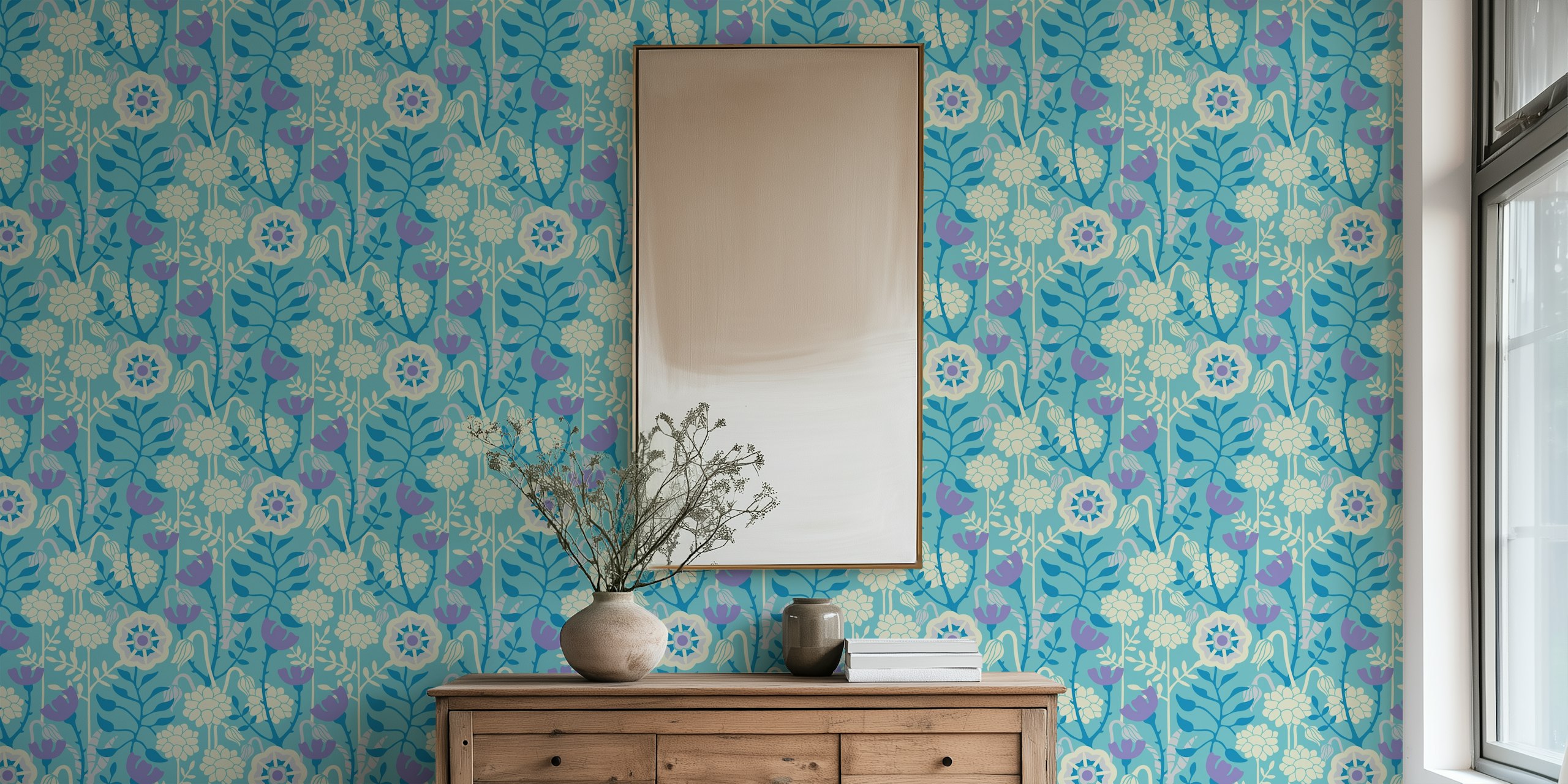 Design de papel de parede botânico floral retrô em um quarto