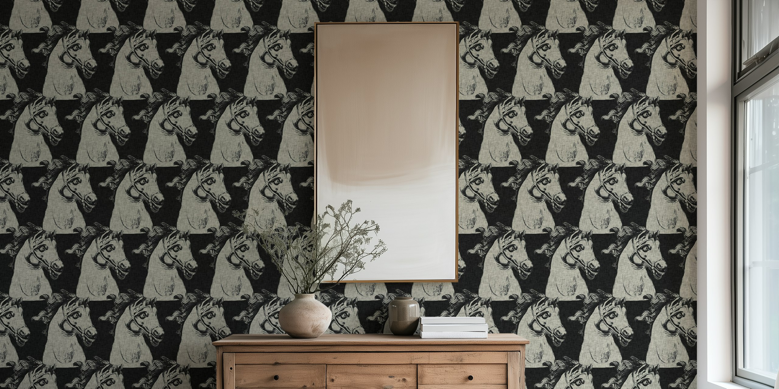 Dramatic horse wallpaper in a room