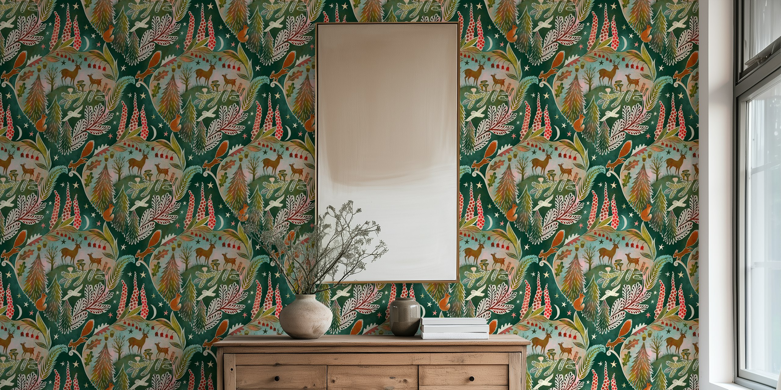 Wildlife moonlight damask Tapete in einem Raum