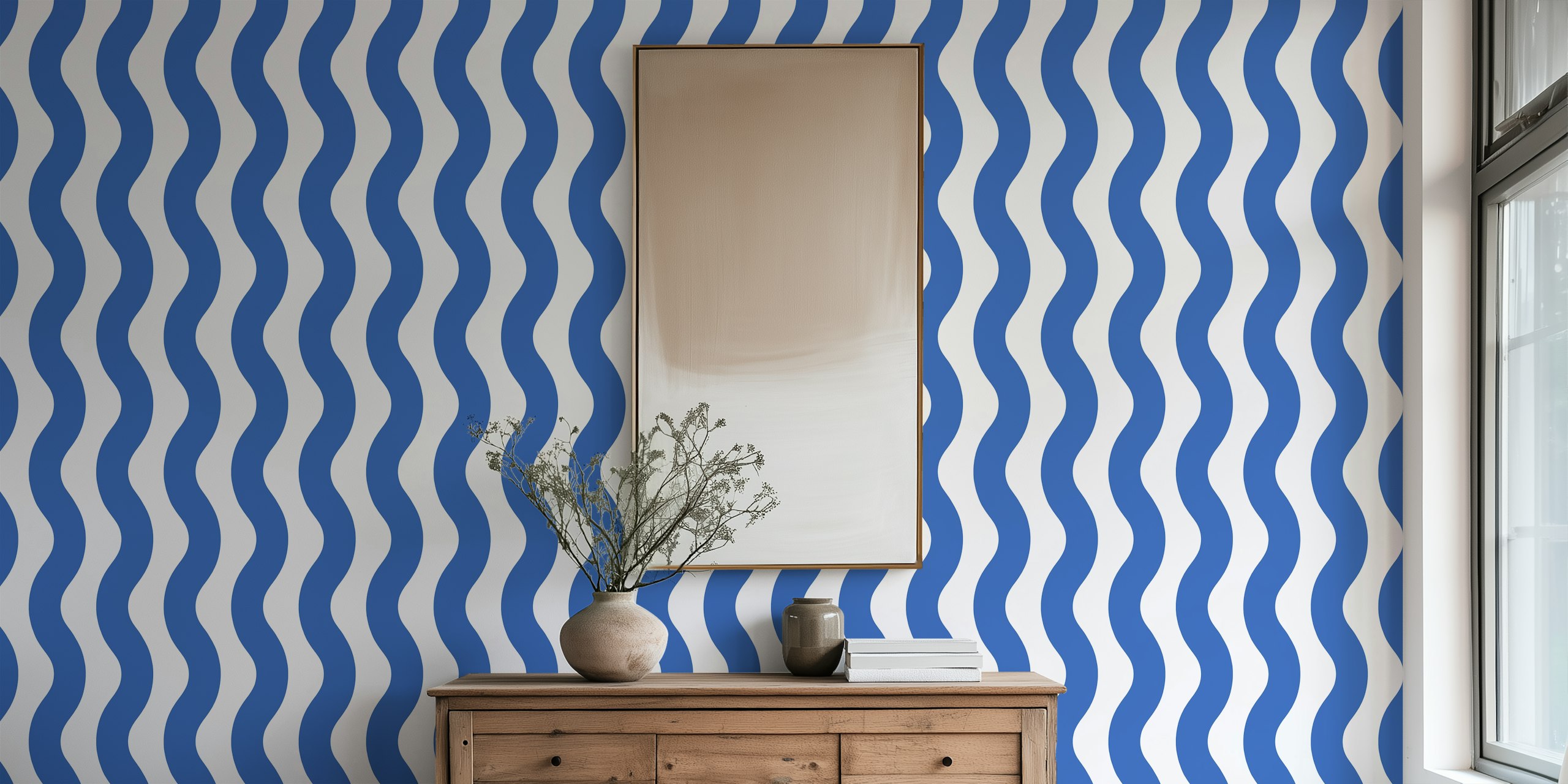 Cobalt blue and white wavy pattern wallpaper