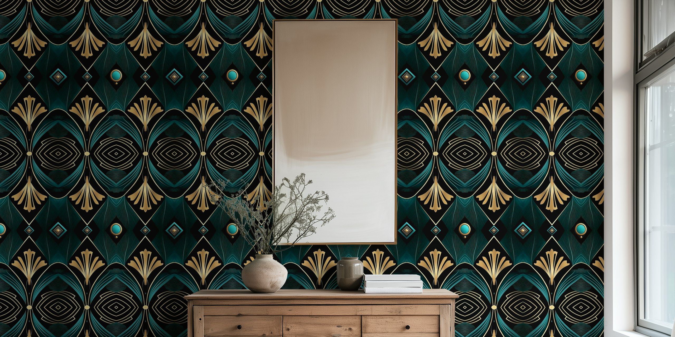 Art Deco patterned wallpaper with gold and dark blue designs