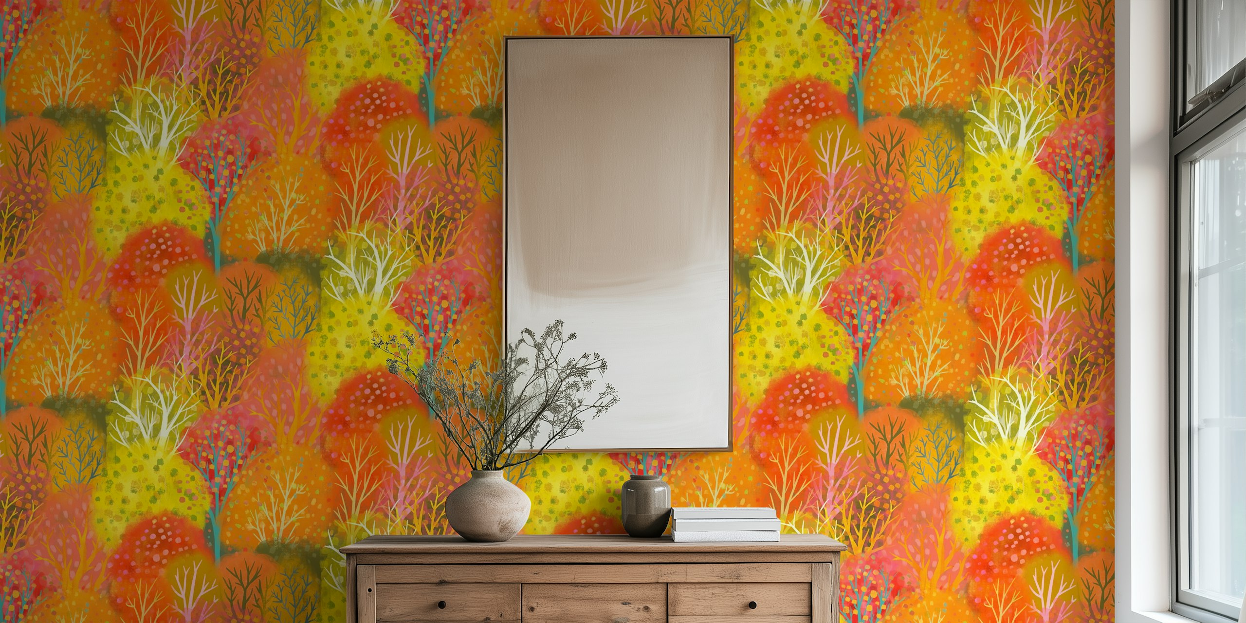 Colorful autumn floral patterns in orange, pink, and yellow wallpaper