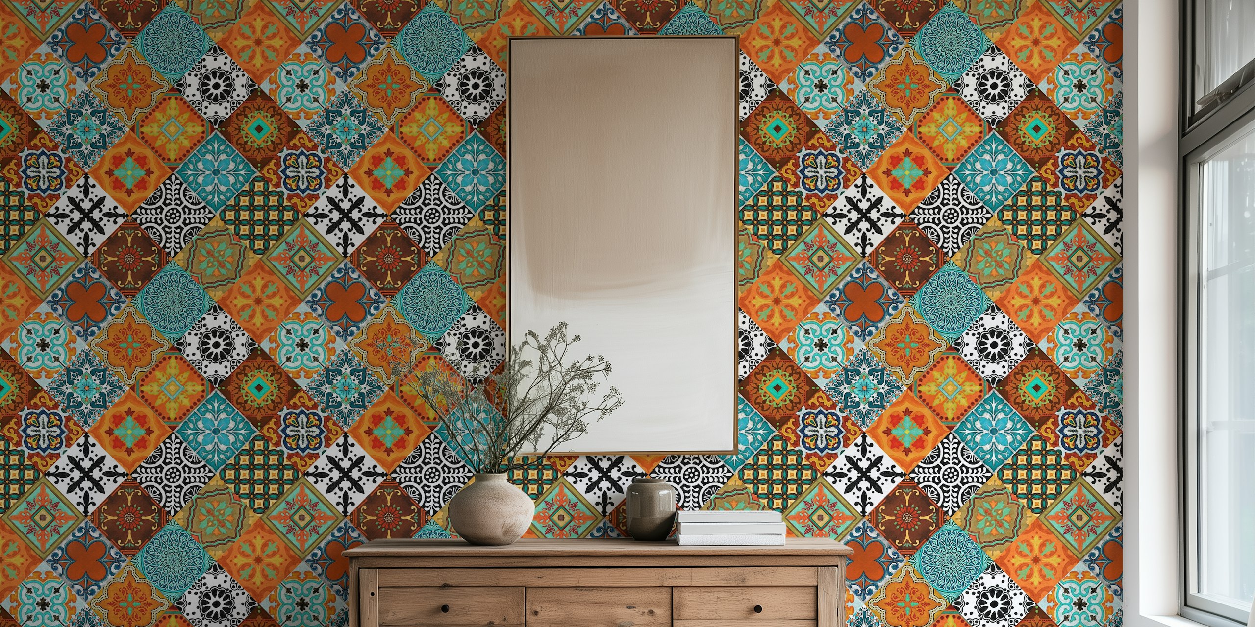 Talavera Tiles Orange Turquoise tapet i ett rum