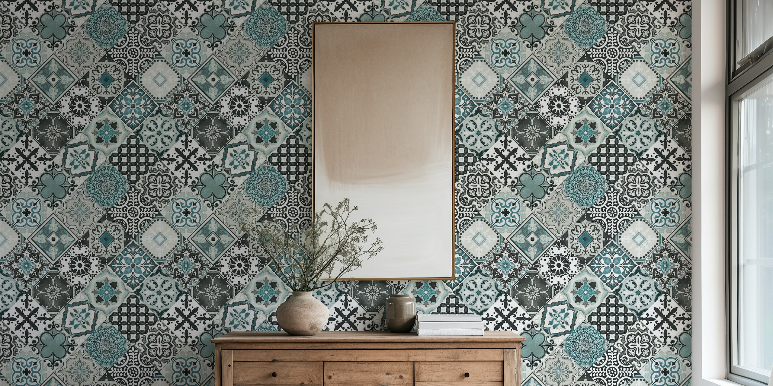 Talavera Tiles Grey Mint Teal papel pintado en una habitación