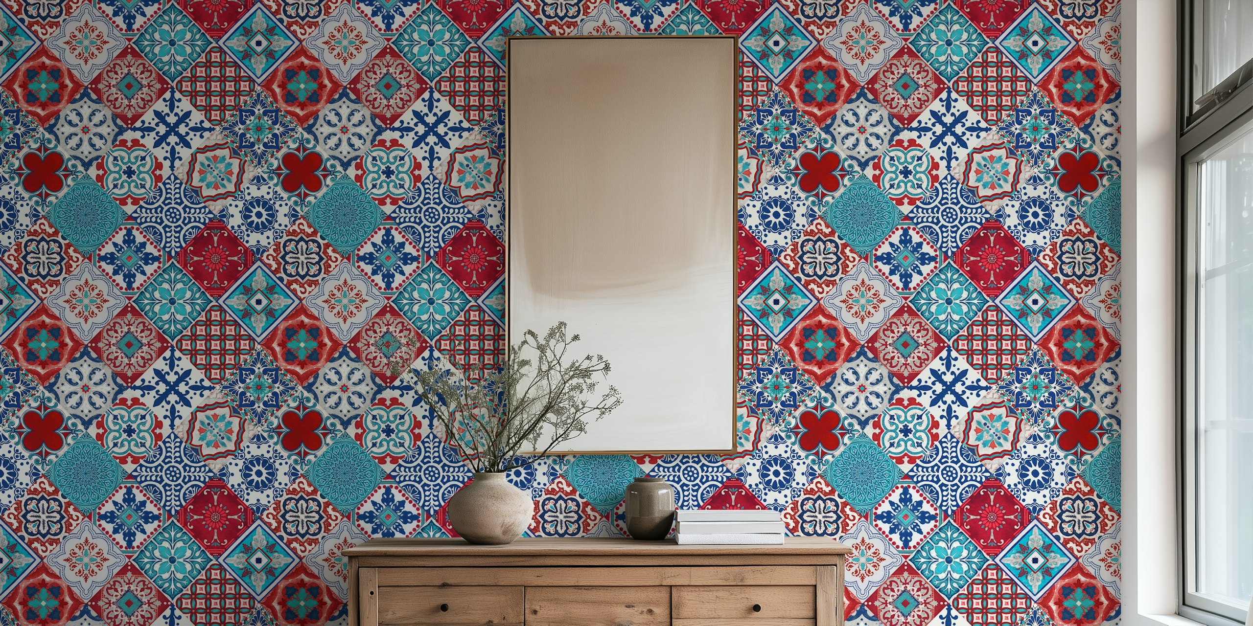 Tile pattern wallpaper in royal blue, turquoise, red and grey, Talavera style