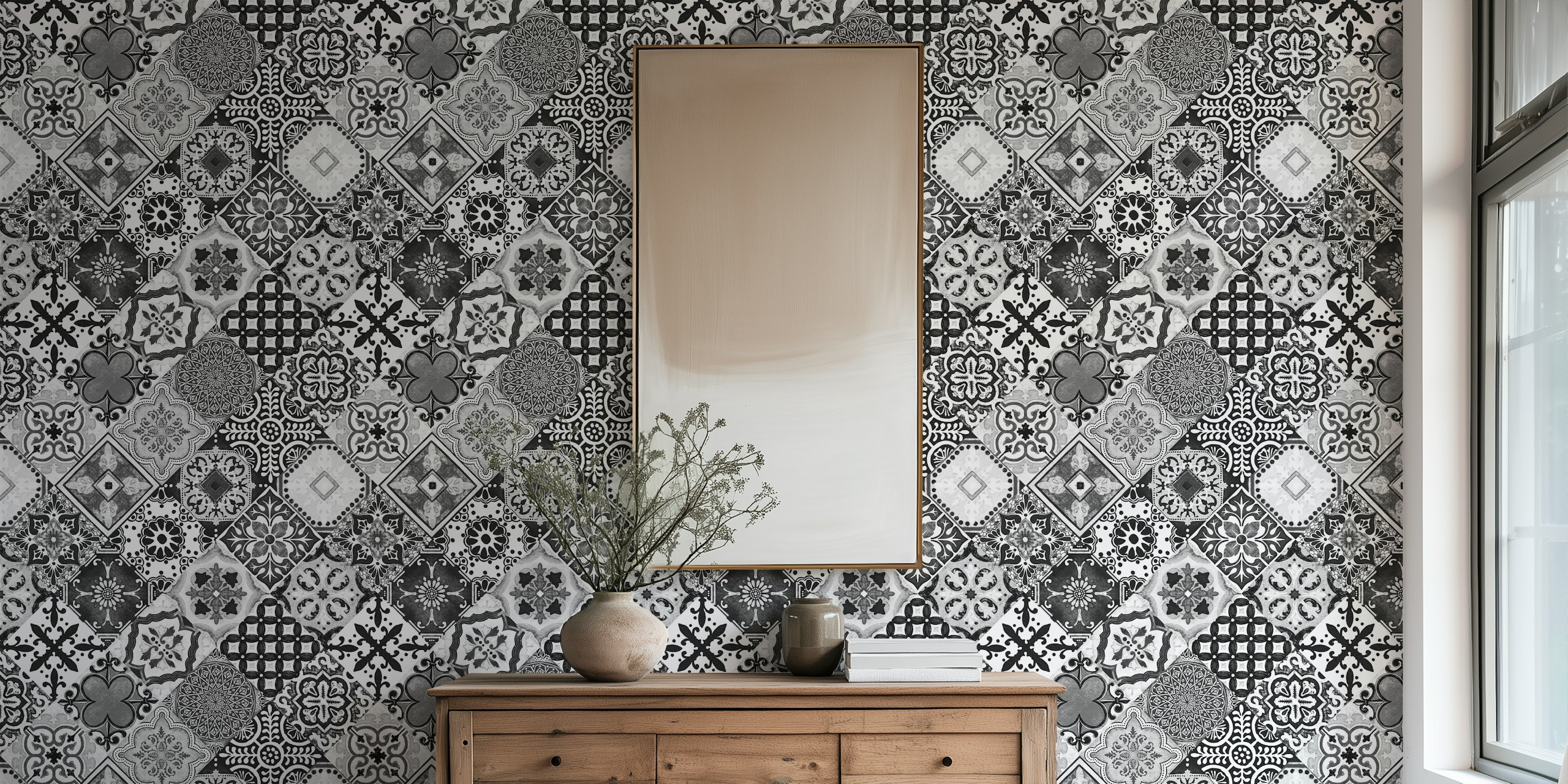 Talavera Tiles black white grey papel de parede em um quarto