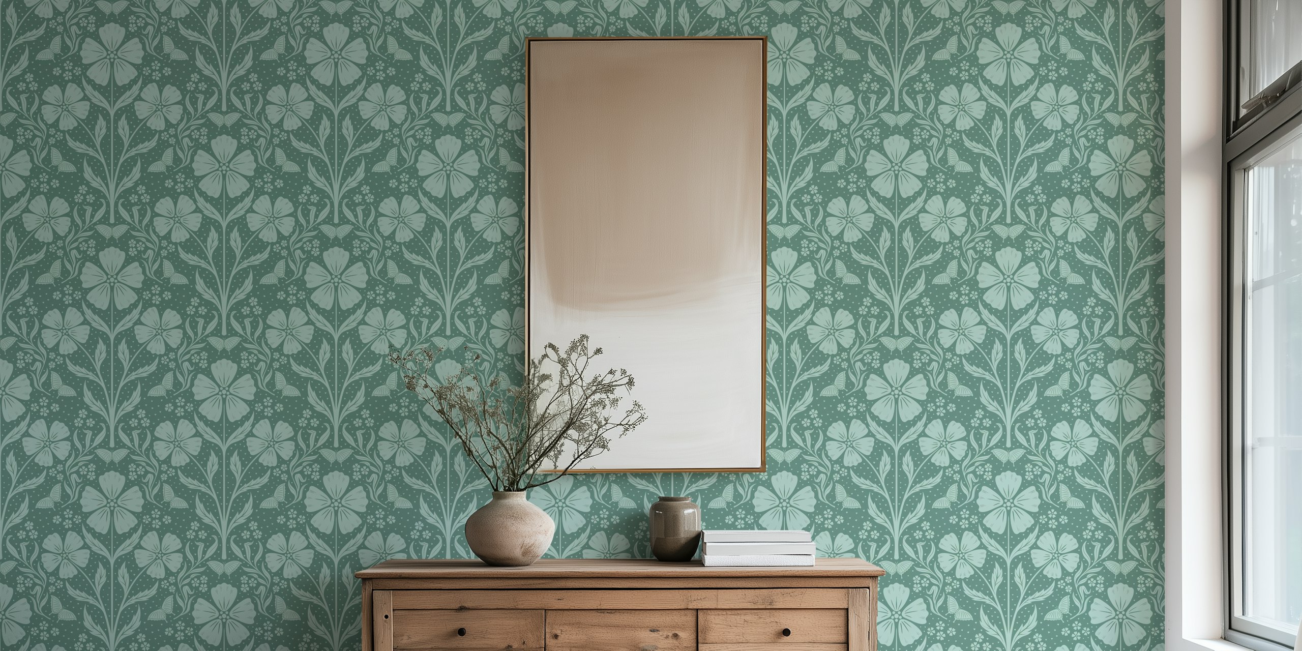 Carta da parati verde Awakening Flowers Damask in una stanza