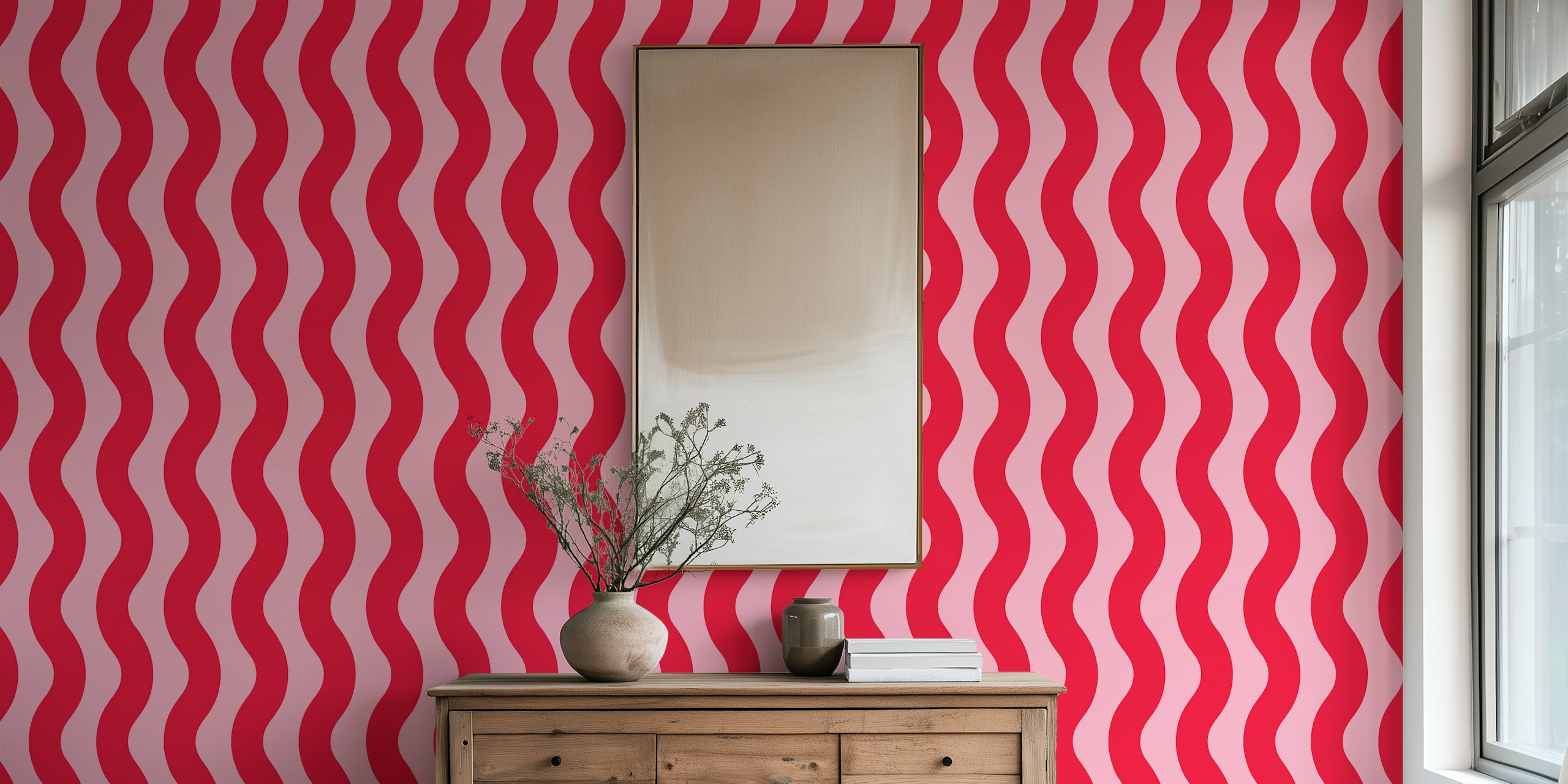 Pink and Crimson Red Modern Waves wallpaper in a room