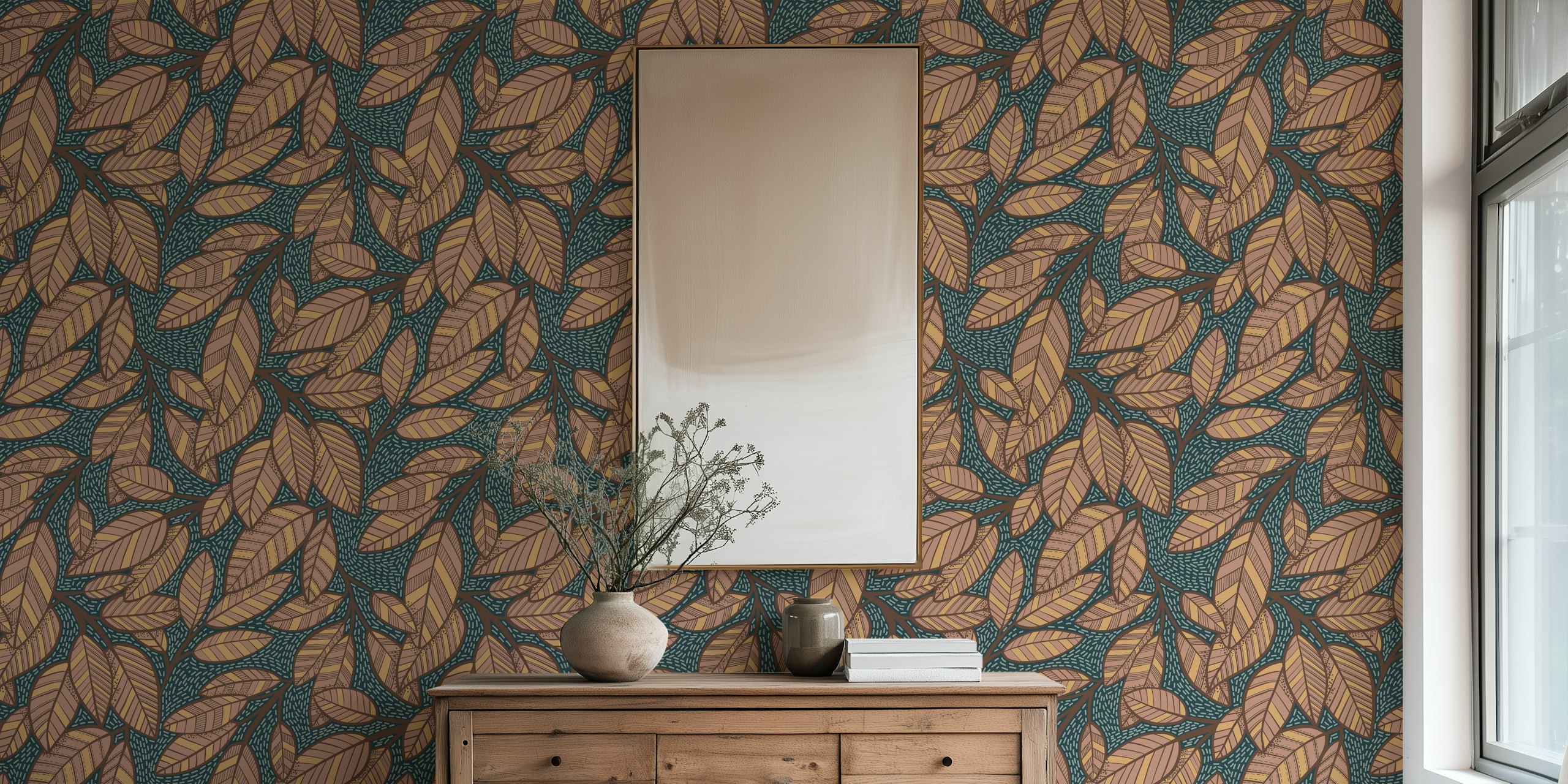 Teal background with intricate brown floral leaf patterns wallpaper