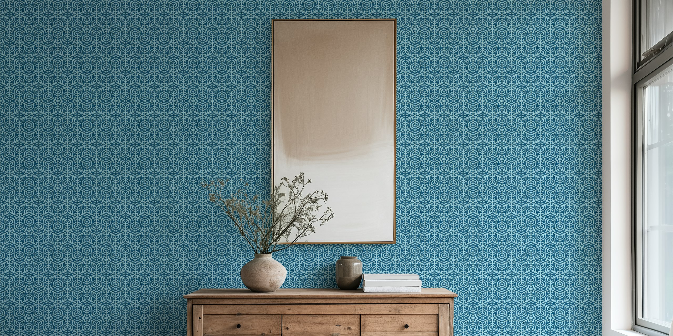 Blue geometric snowflake pattern wallpaper