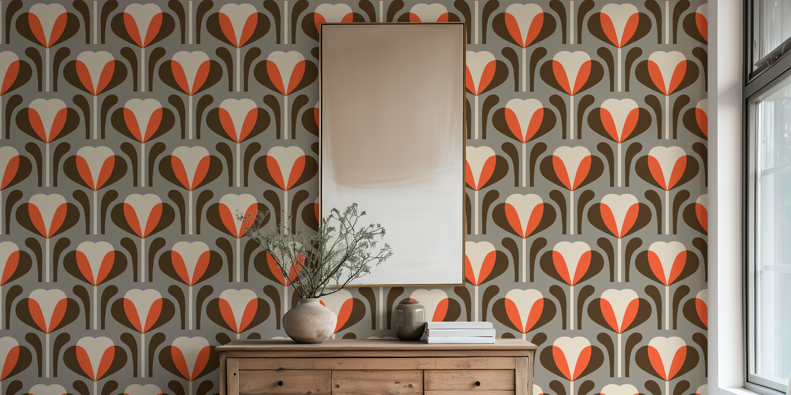 Modern floral brown and orange wallpaper design