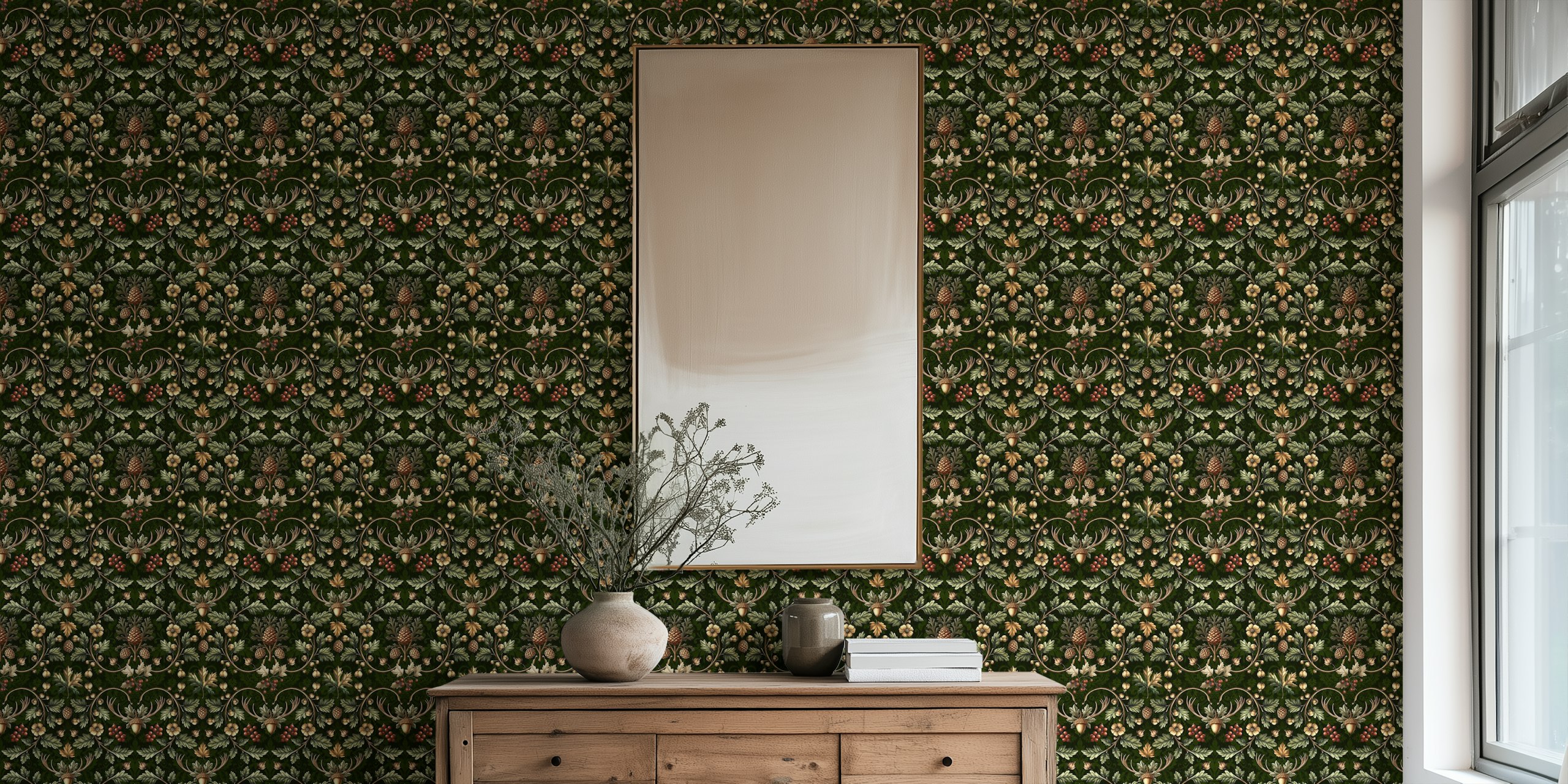 Motif floral avec feuilles vertes, fleurs dorées et fruits sur fond noir, papier peint