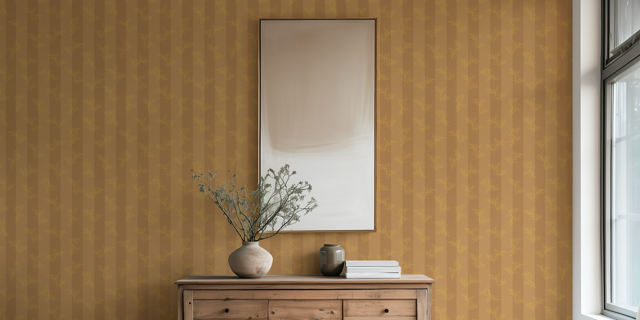 Beige striped wallpaper with delicate botanical illustrations