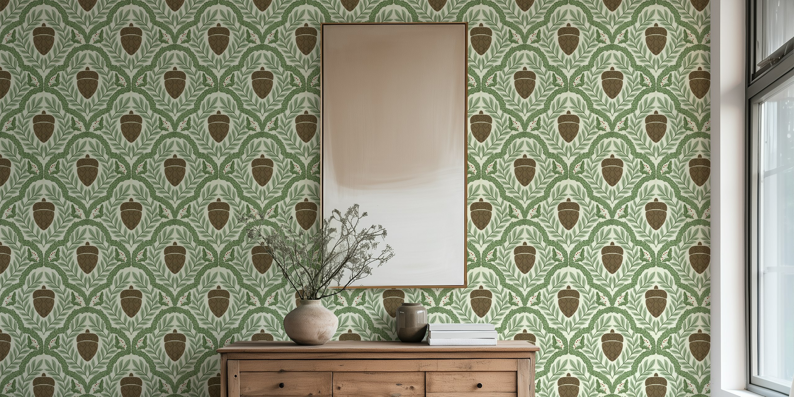 Foliage with pine acorns and berries in green tones wallpaper