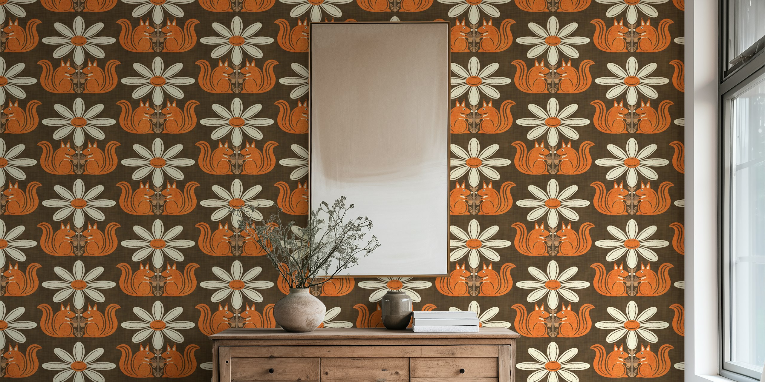 Retro Daisy Floral Squirrels wallpaper design