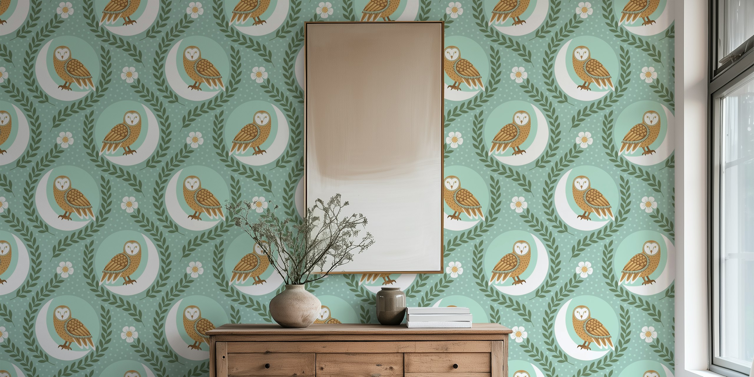 Cabincore night owl green wallpaper design