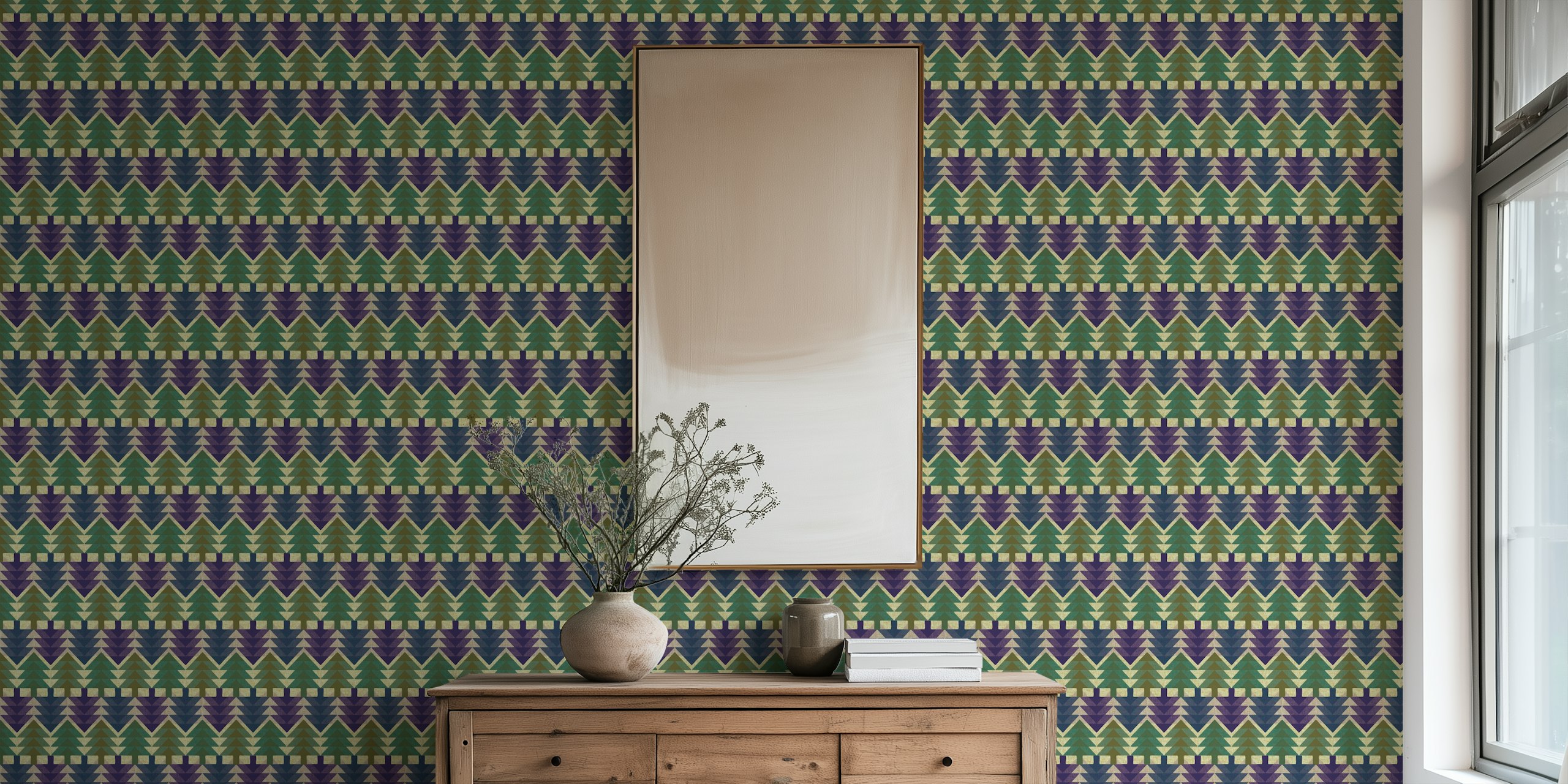Geometric fir forest wallpaper w pokoju