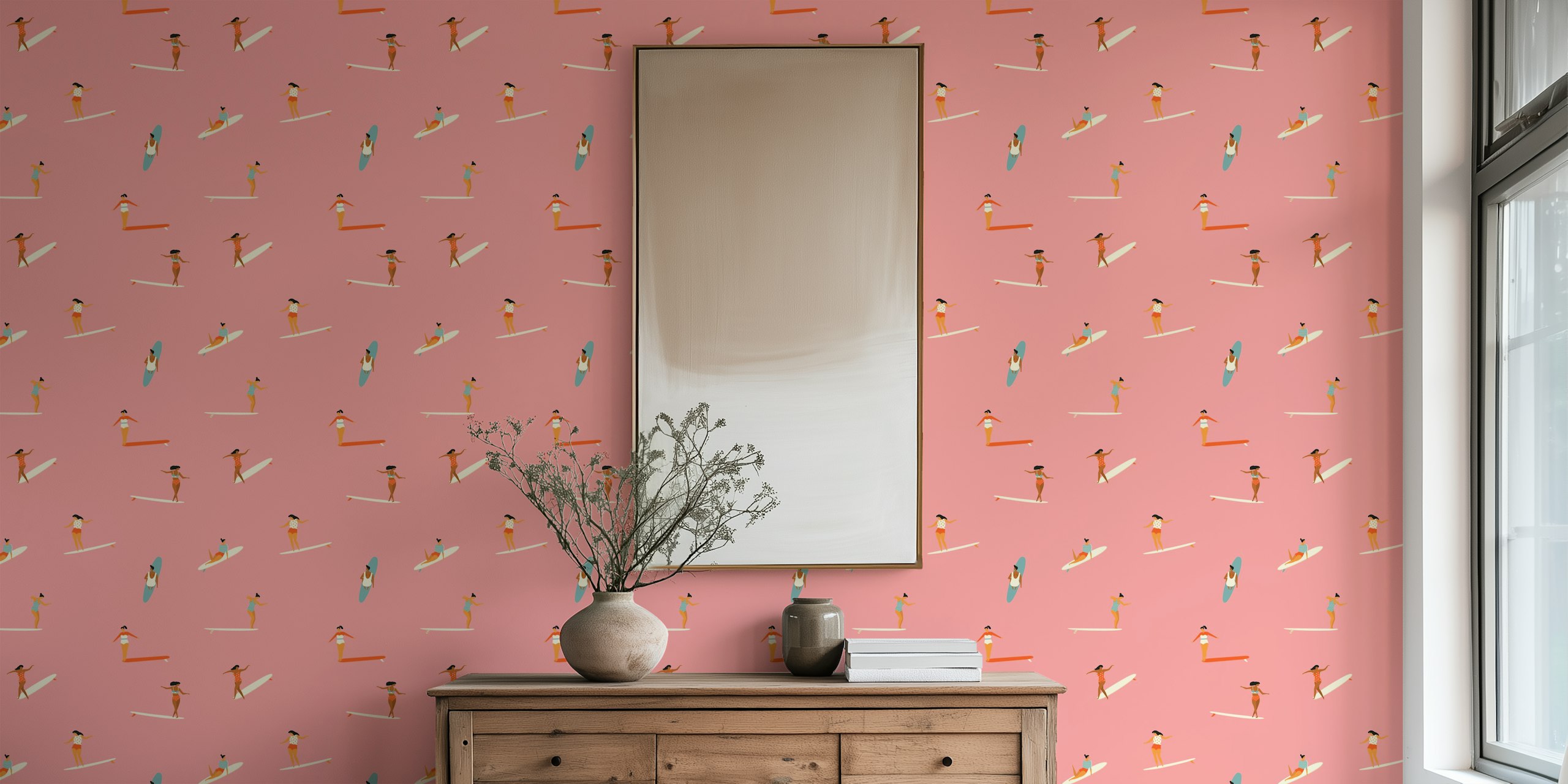 Surf goddess pink wallpaper in a room
