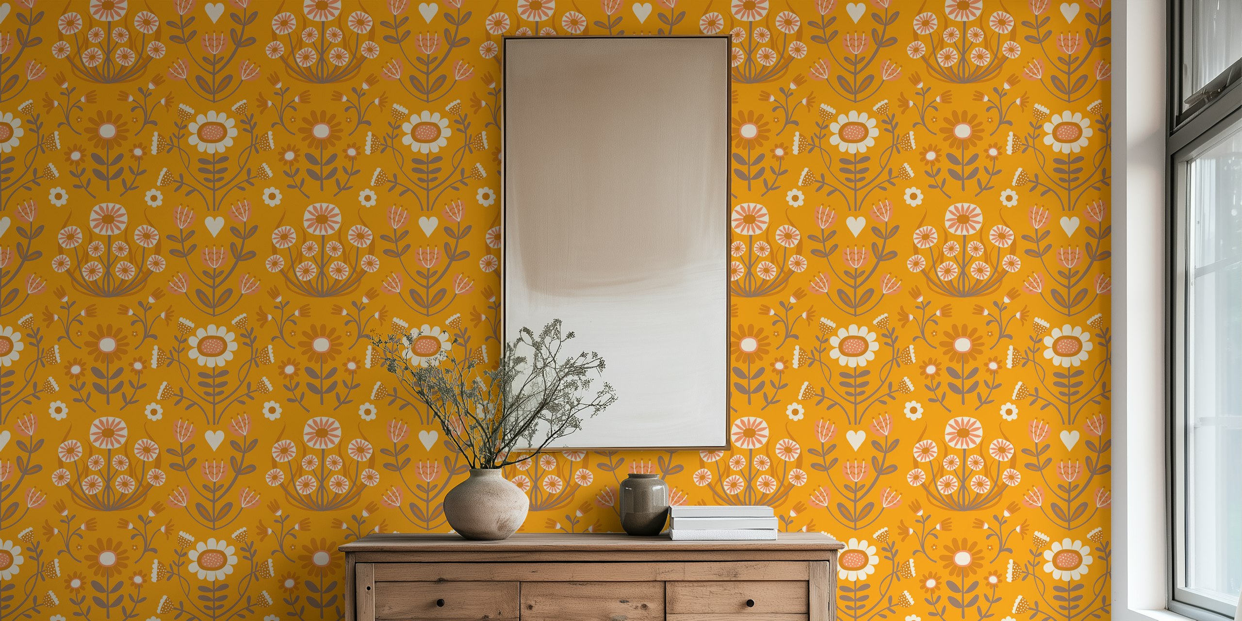 Papel de parede floral em um quarto claro
