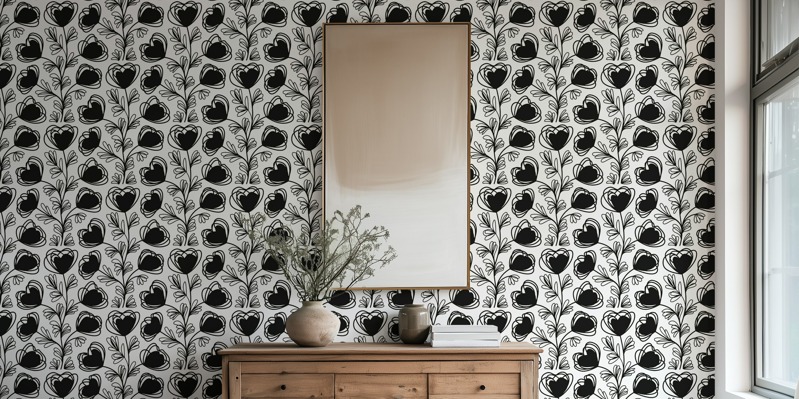 Black floral heart pattern on cream background wallpaper