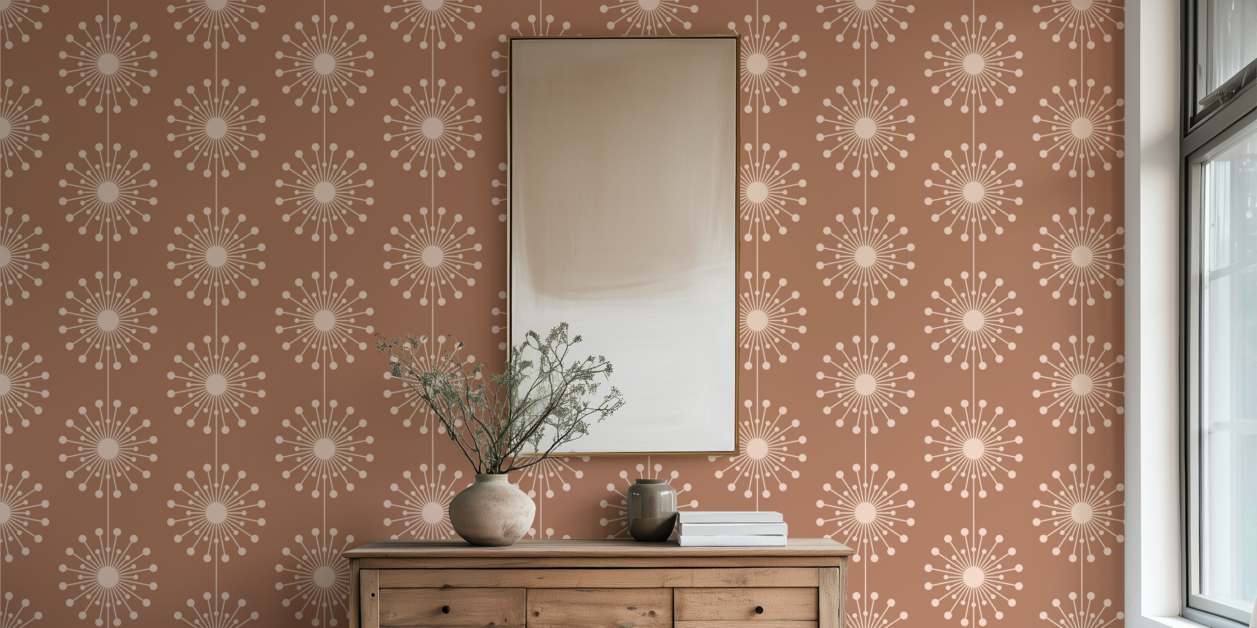 Ταπετσαρία Mid Century Modern Dandelion Mocha Mousse στο δωμάτιο