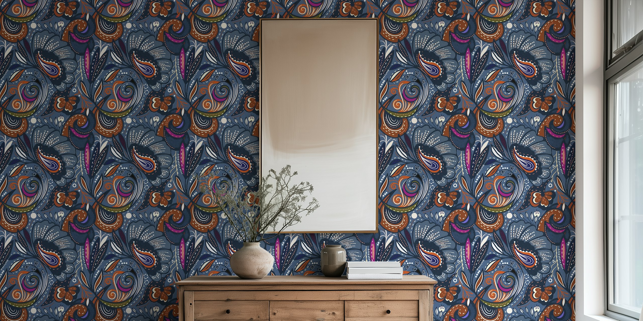 Bohemian floral pattern with navy, orange, and white elements wallpaper