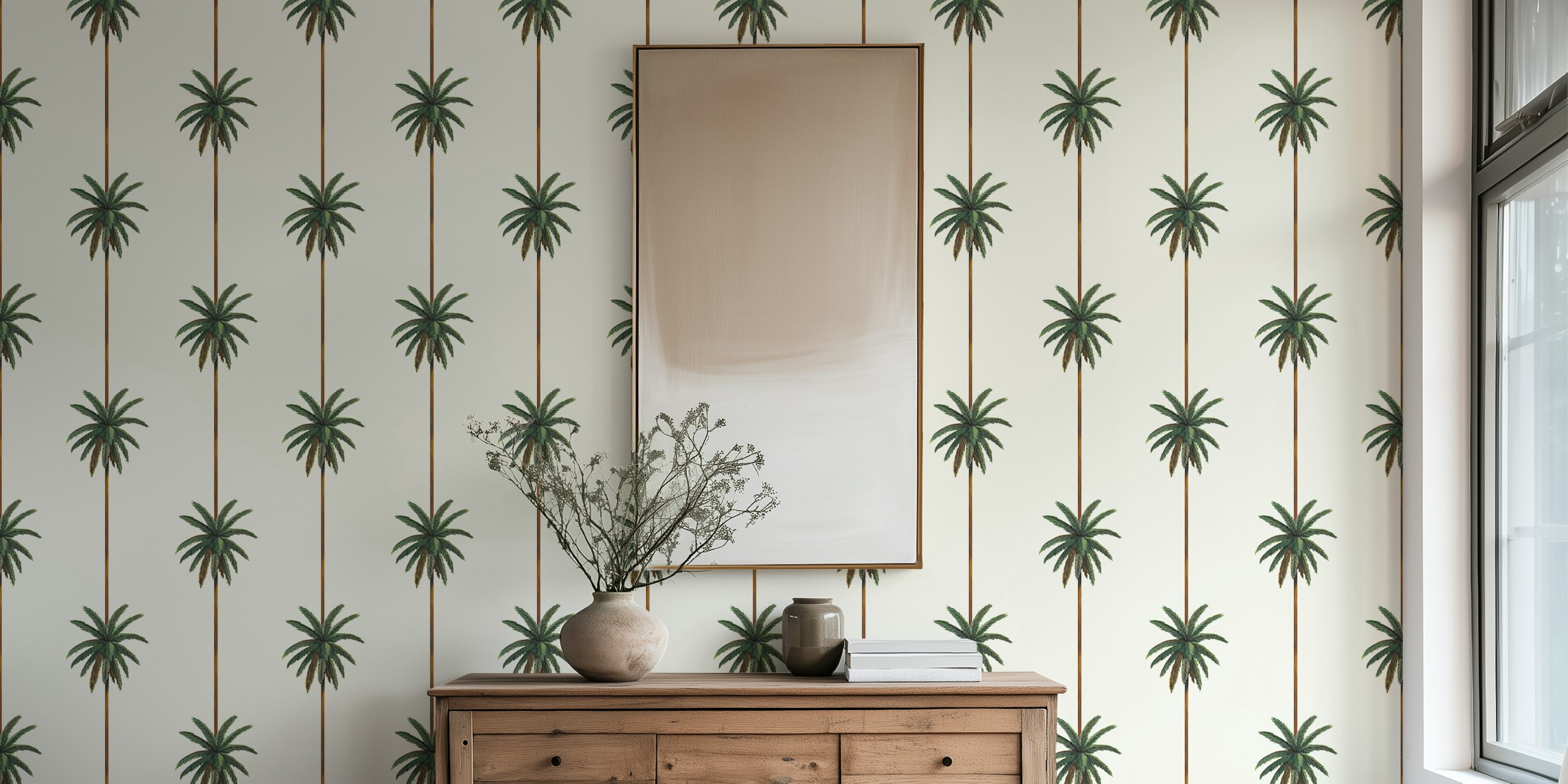Palm trees with green leaves on off-white background wallpaper