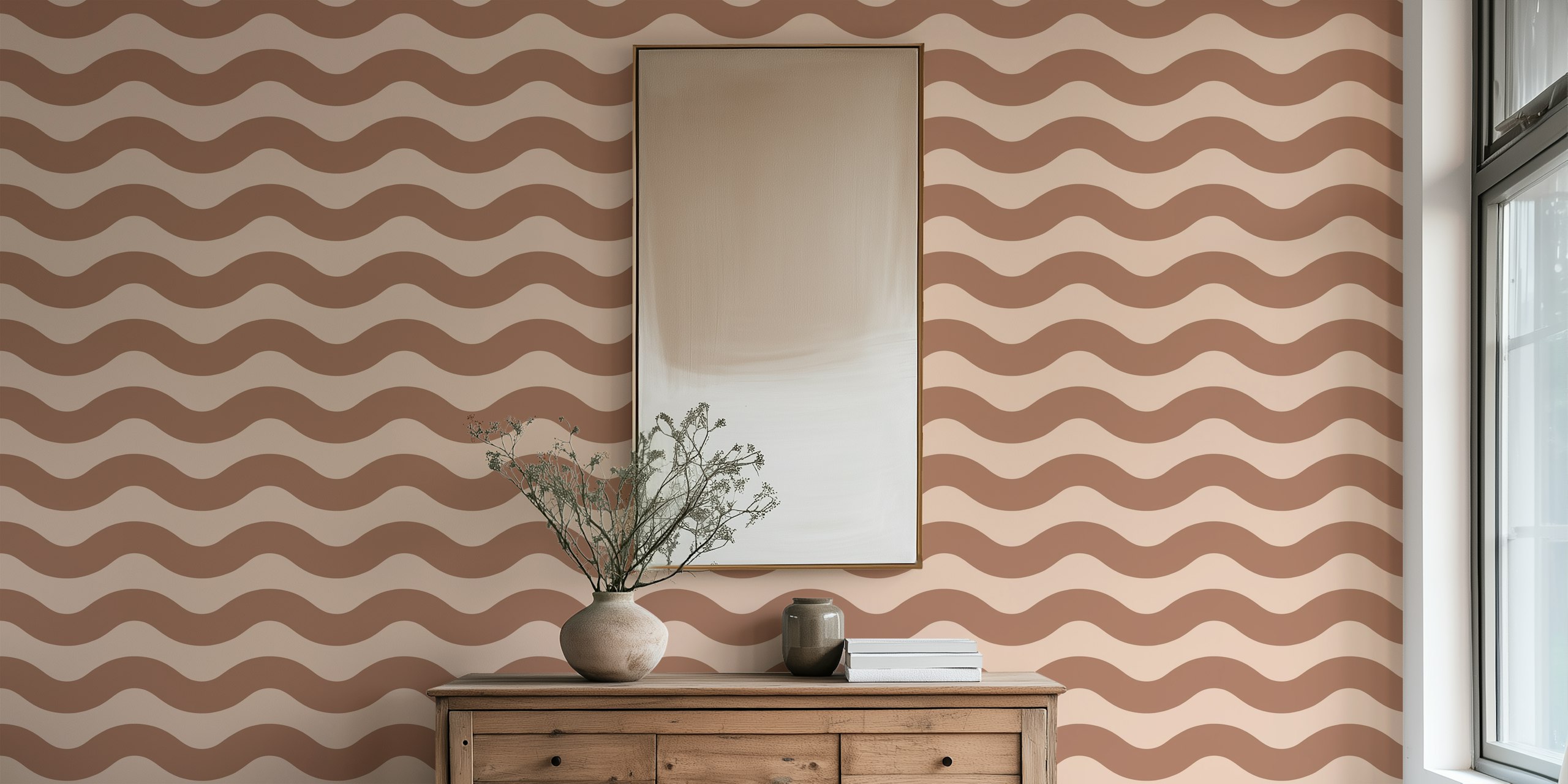 Papel tapiz Mocha Mousse y Cream Waves en una habitación