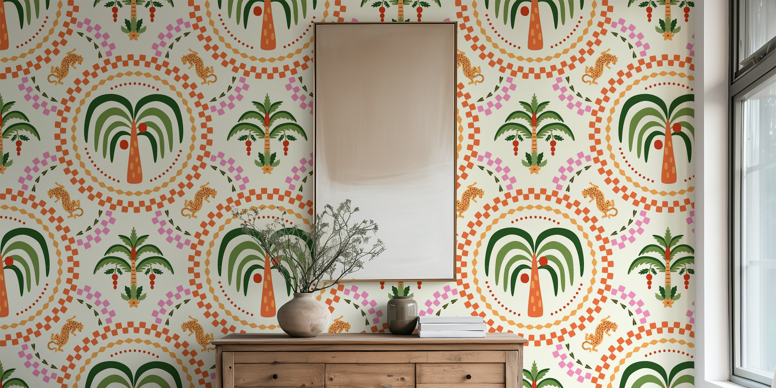 Palm and Leopard Elegance wallpaper in a room