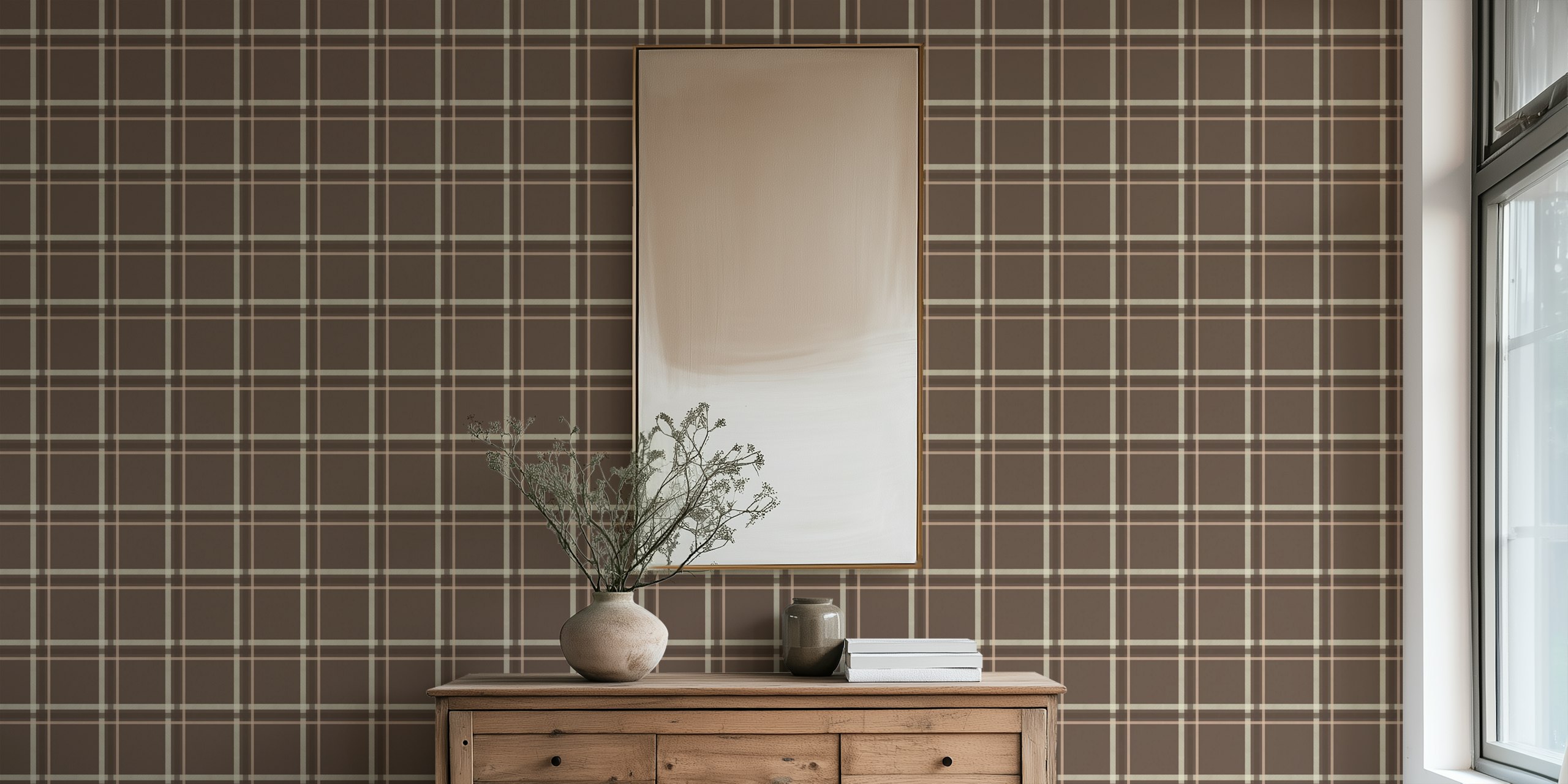 Brown and cream plaid pattern wallpaper