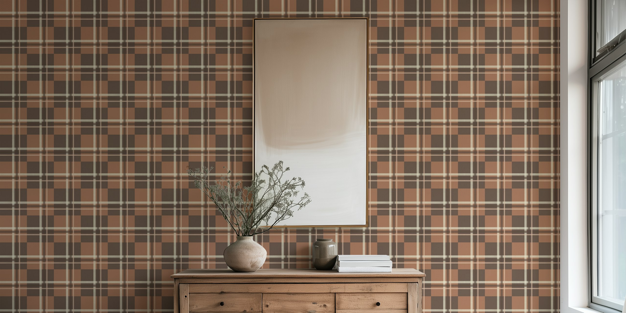 Mocha Mousse Coffee Plaid wallpaper in a room