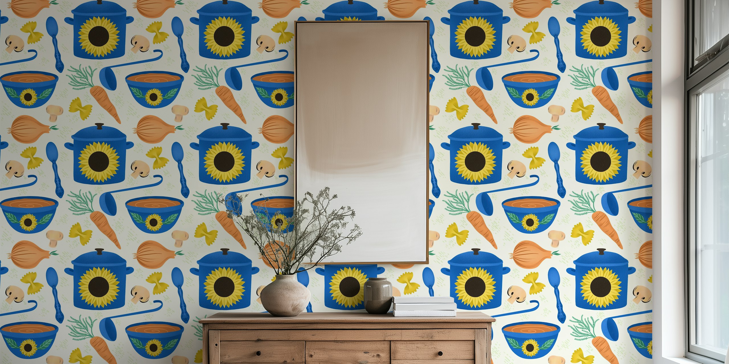 Colorful kitchen-themed wallpaper with bowls, pots, sunflowers, and vegetables