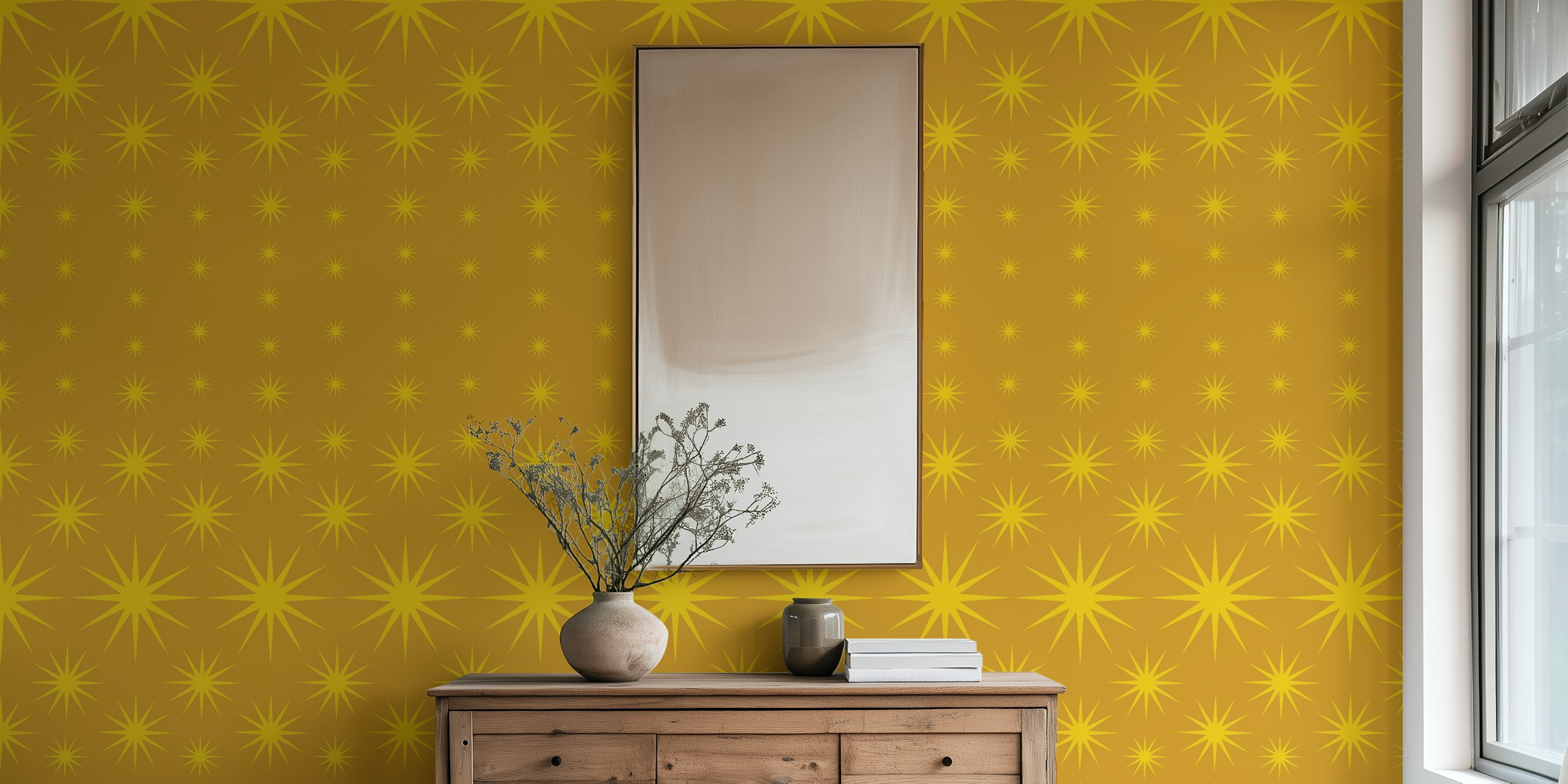 Mustard background with repeating gold star patterns wallpaper