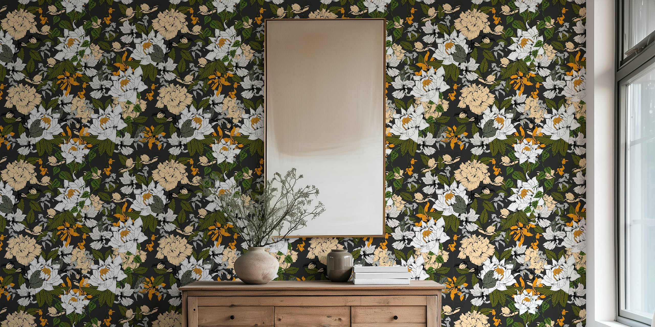 Dark Botanic Symphony blomster tapetdesign