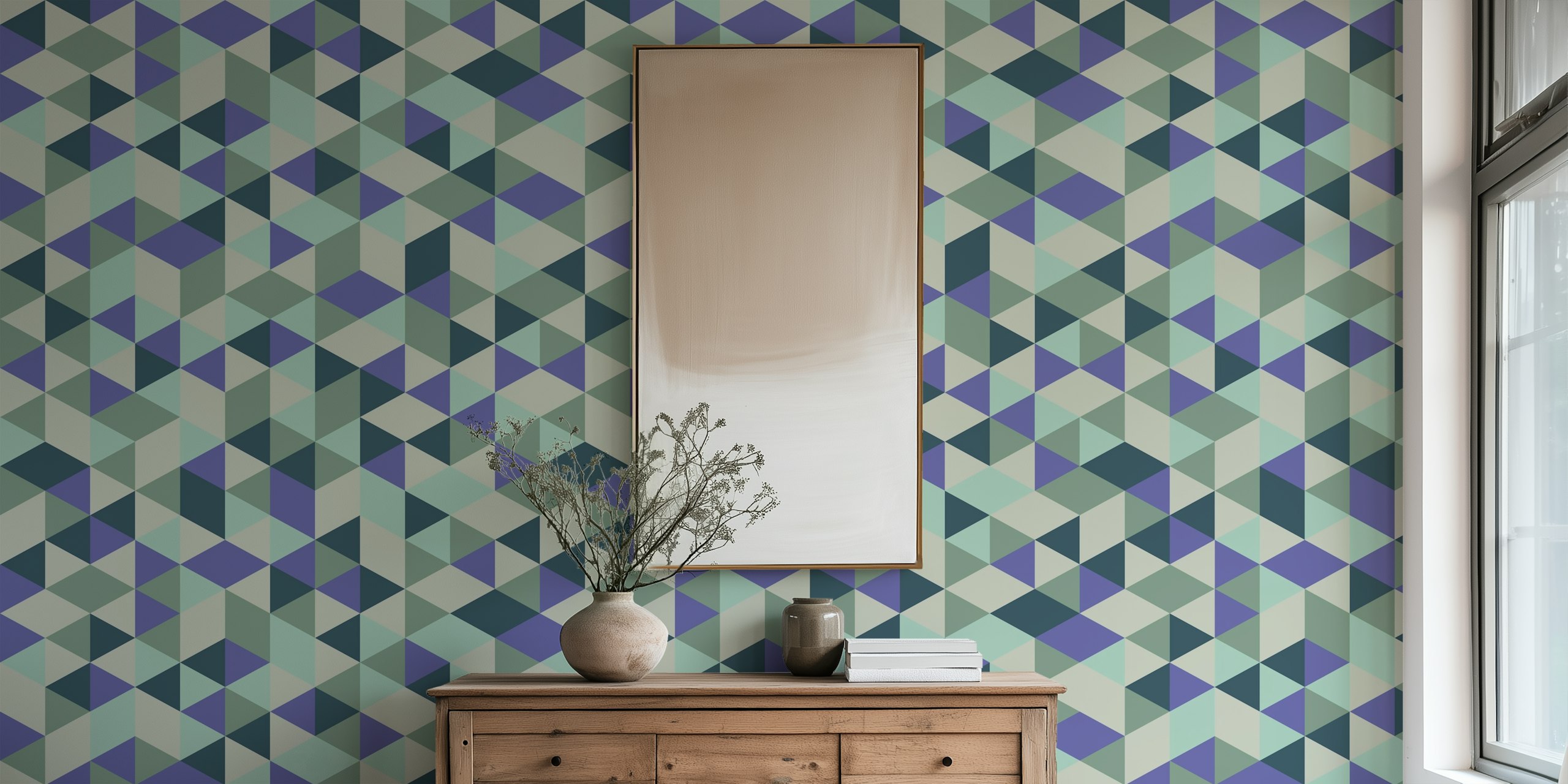Cubist Aqua Mosaic wallpaper design in a room