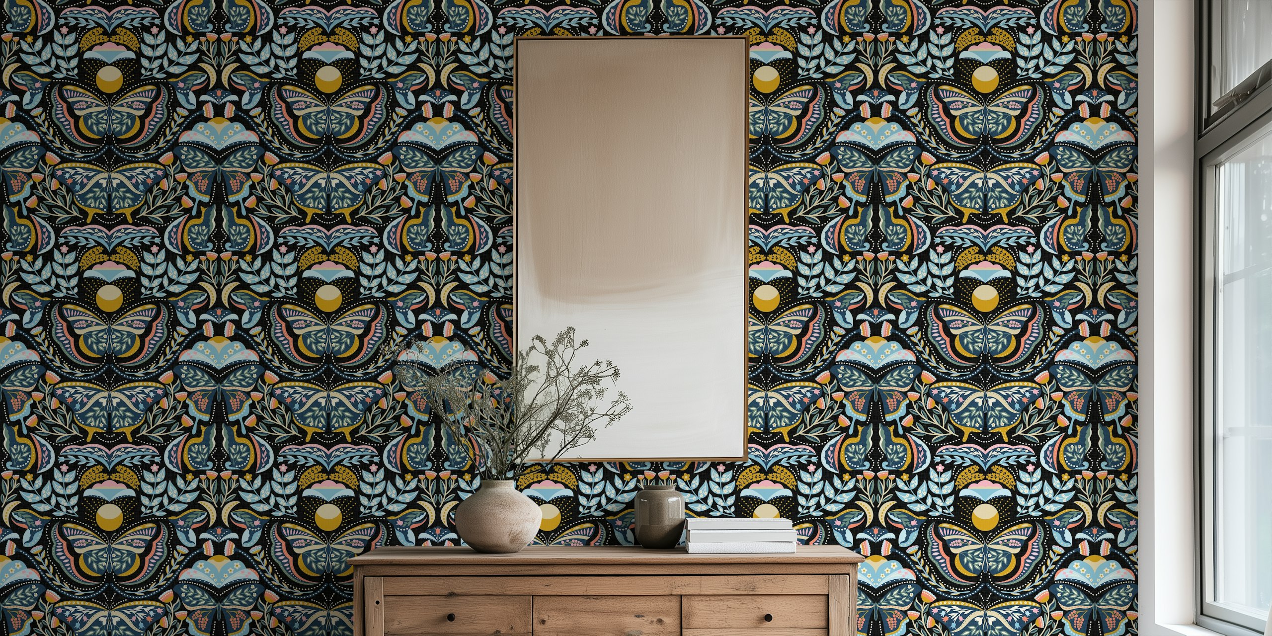 Bohemian Nature-tapet med sommerfugle og blomster