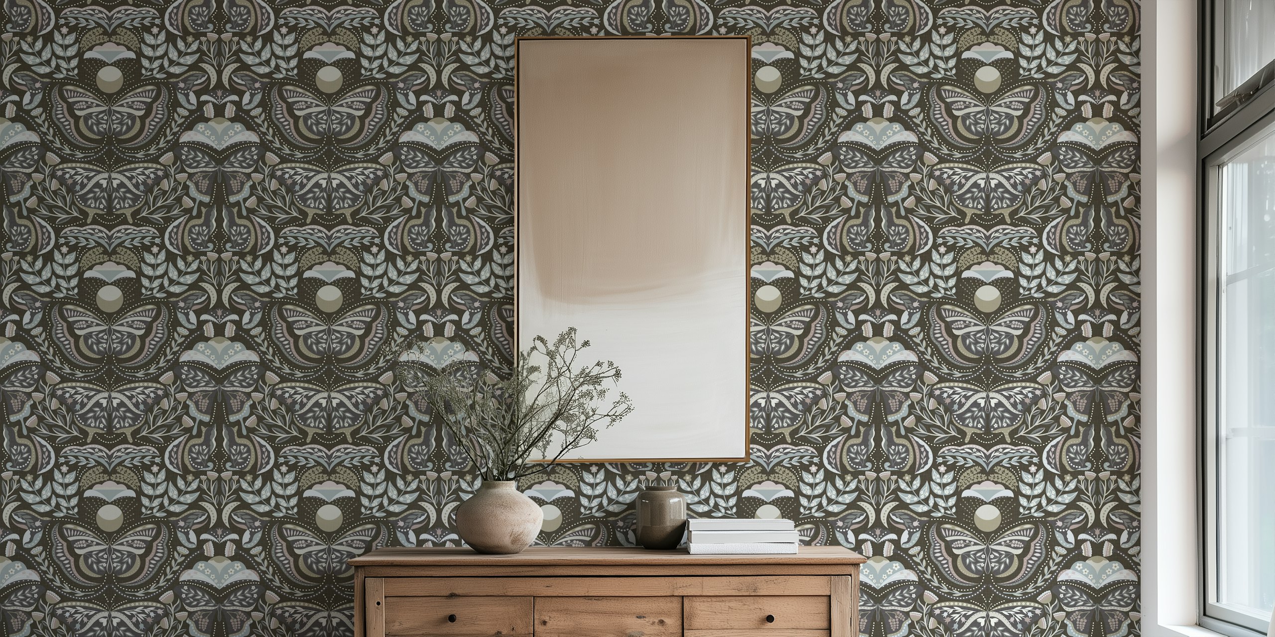 Bohemian nature wallpaper with butterflies and flowers