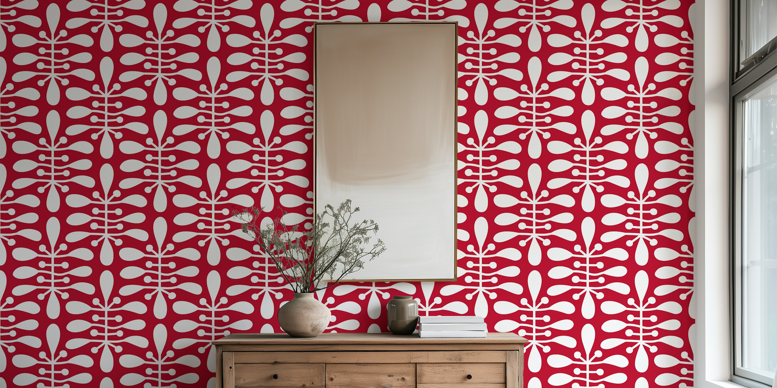 Red botanical pattern with white shapes wallpaper