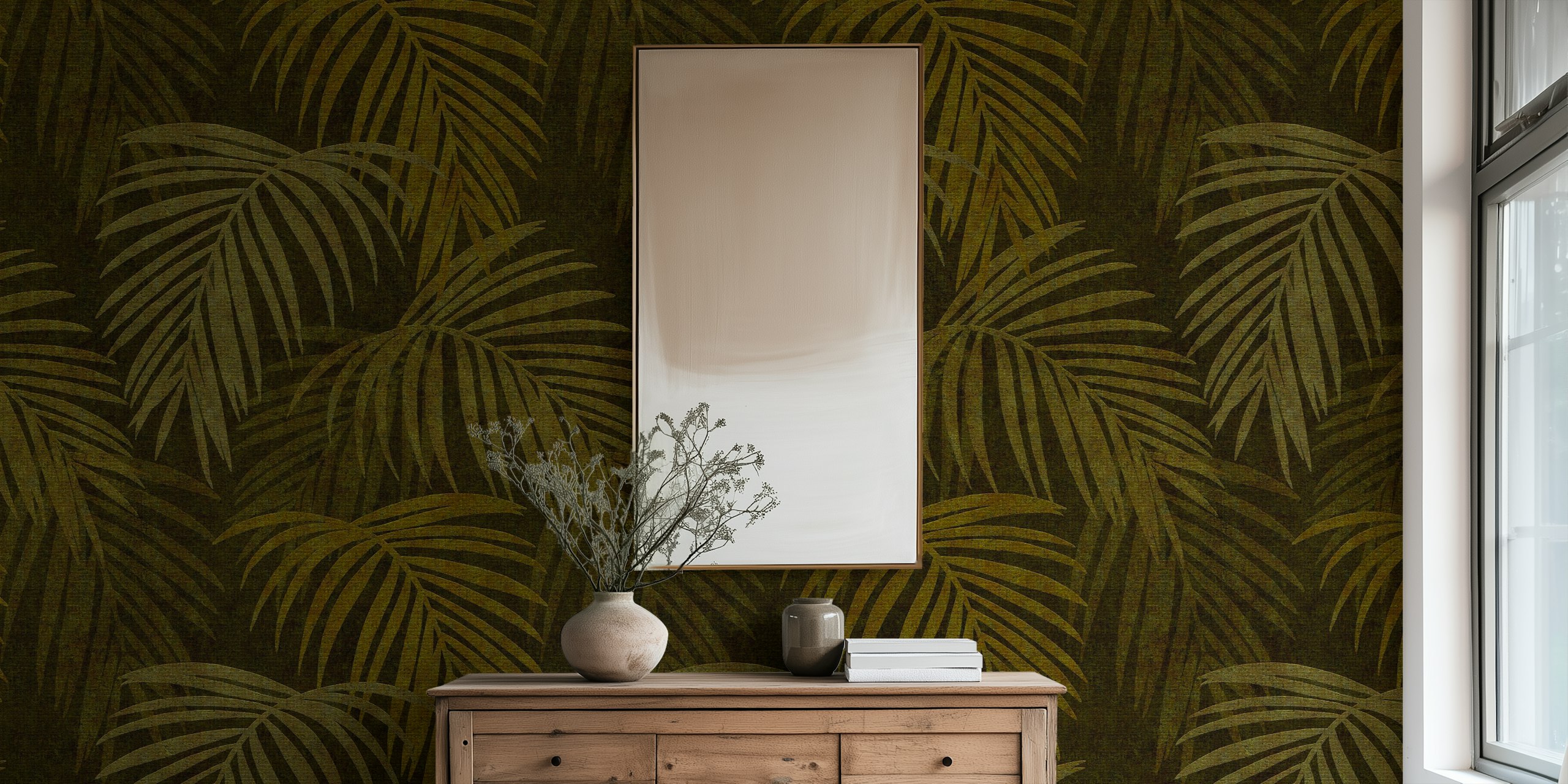 Tropical palm leaves in golden brown shades wallpaper