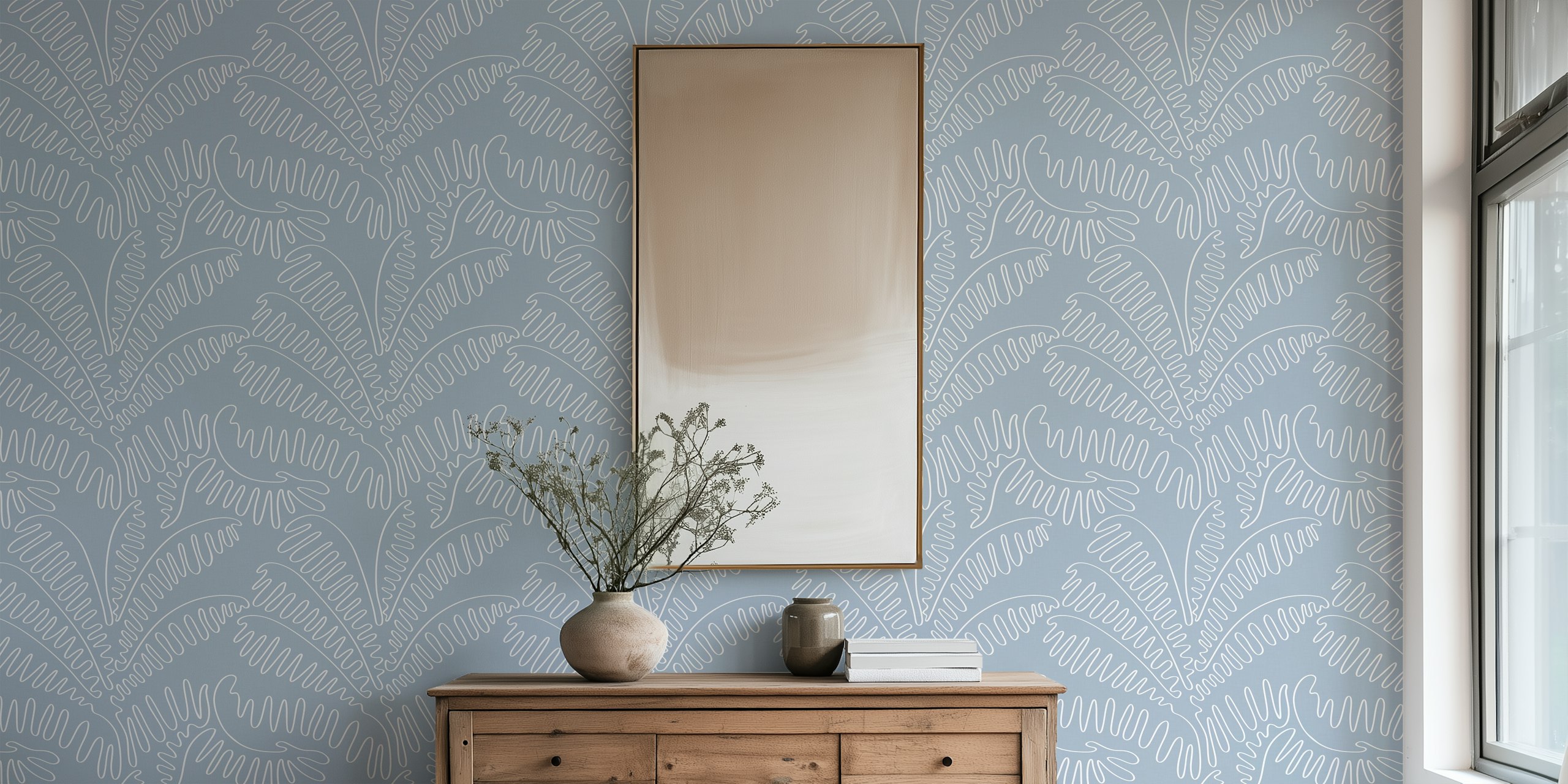 Line art palm leaves pattern in light pigeon blue wallpaper