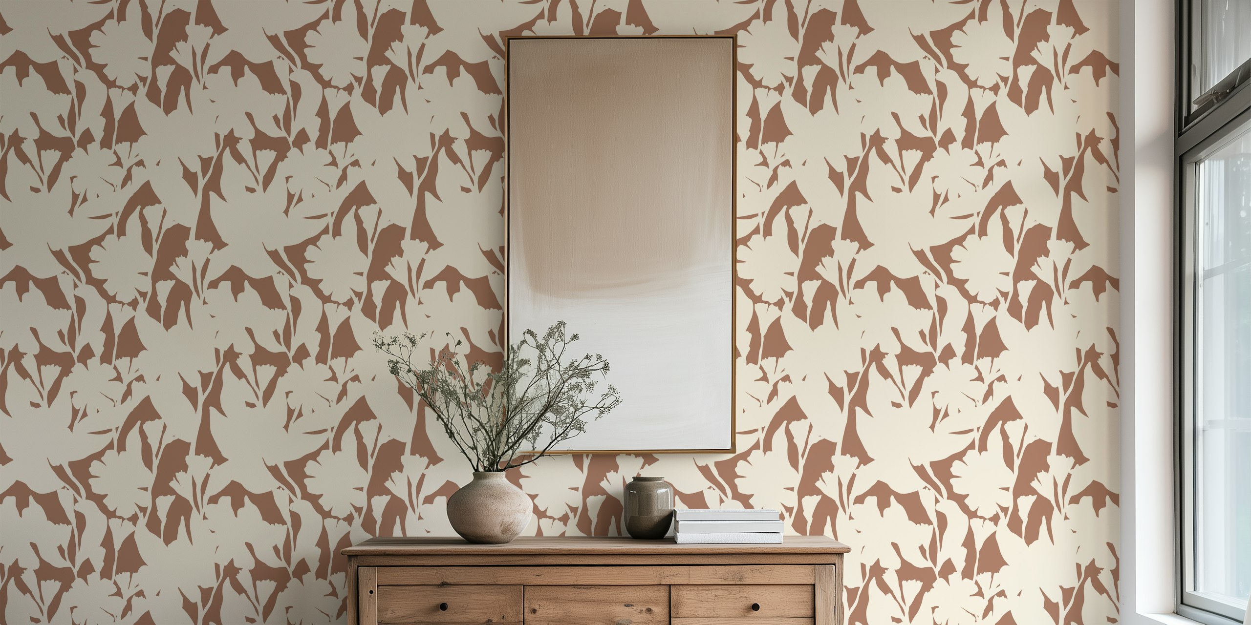 Floral silhouette design in mocha and cream wallpaper
