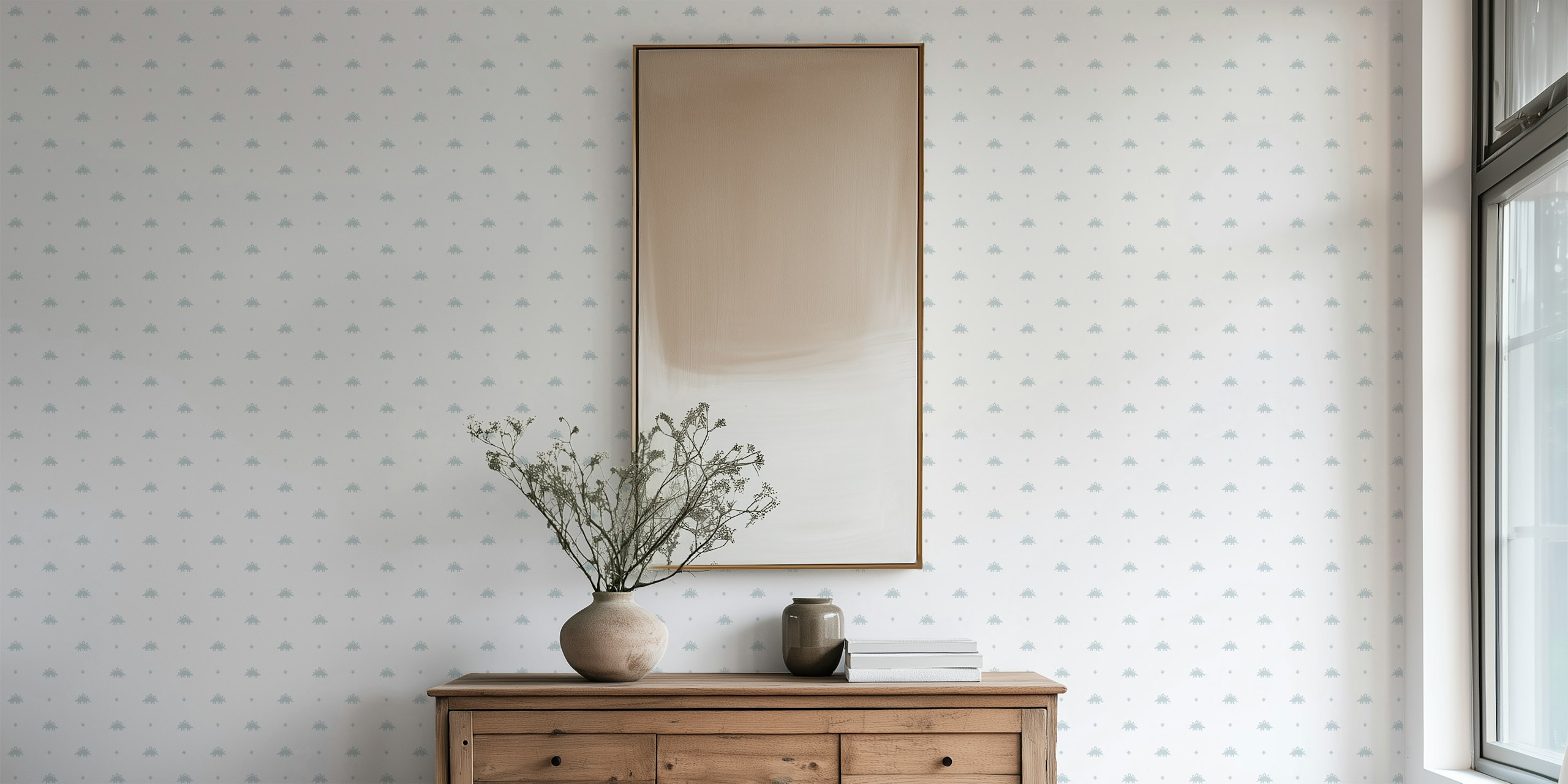 Tiny stegosaurus and star motifs in light grey on white wallpaper