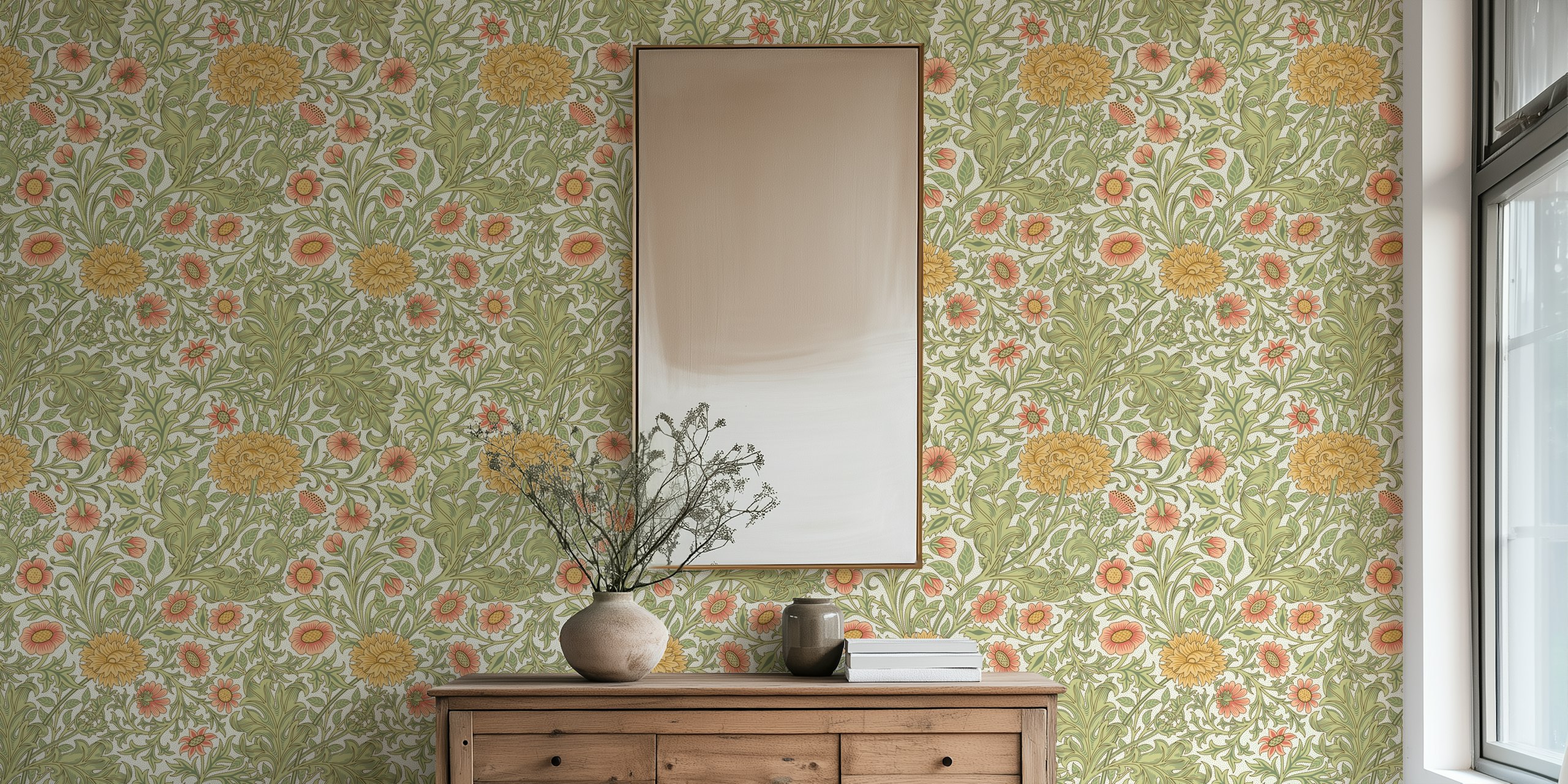 Floral design with yellow and pink flowers on cream wallpaper.