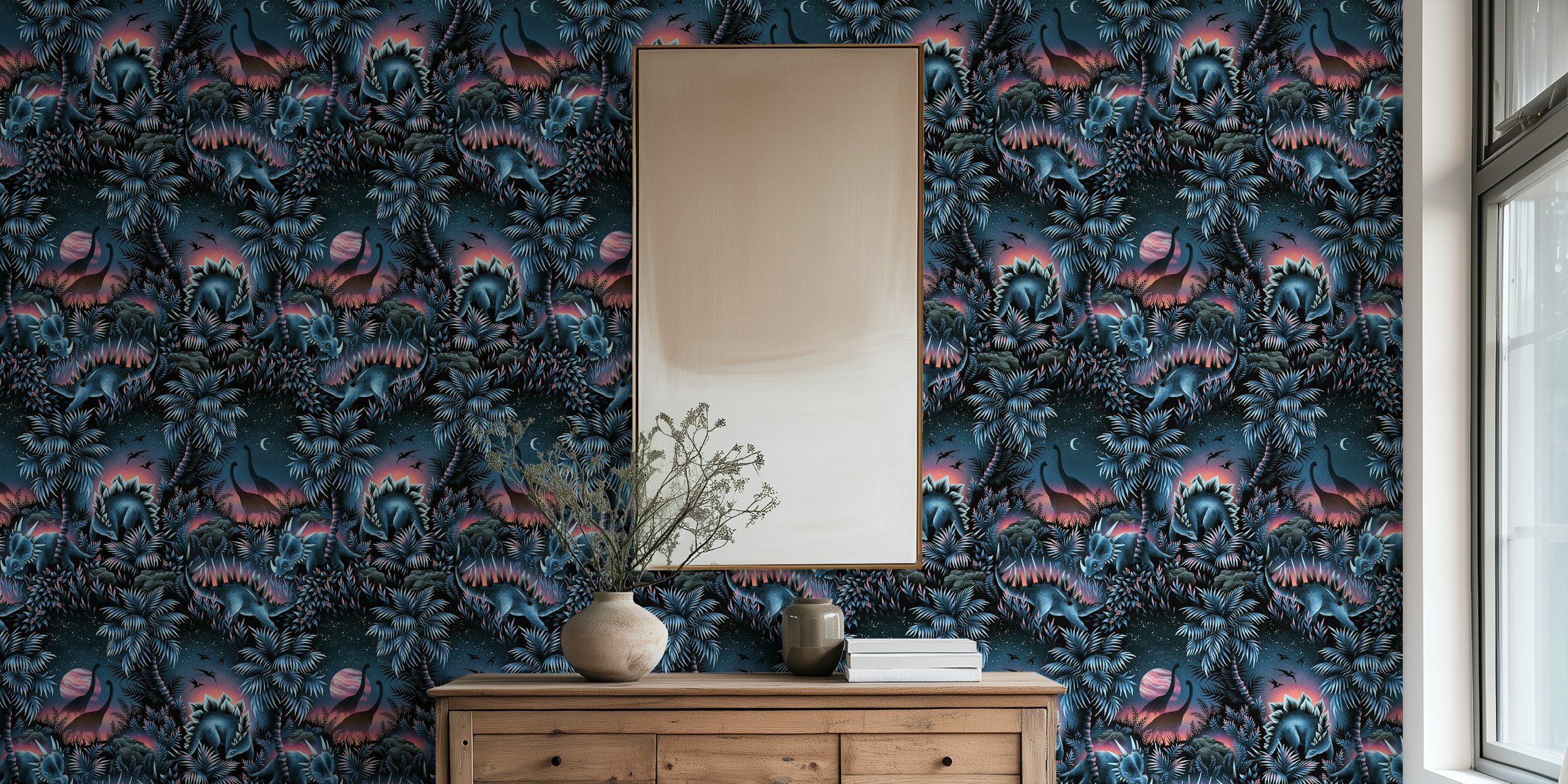 Dinosaur Lagoon wallpaper featuring blue and pink dinosaurs and foliage pattern