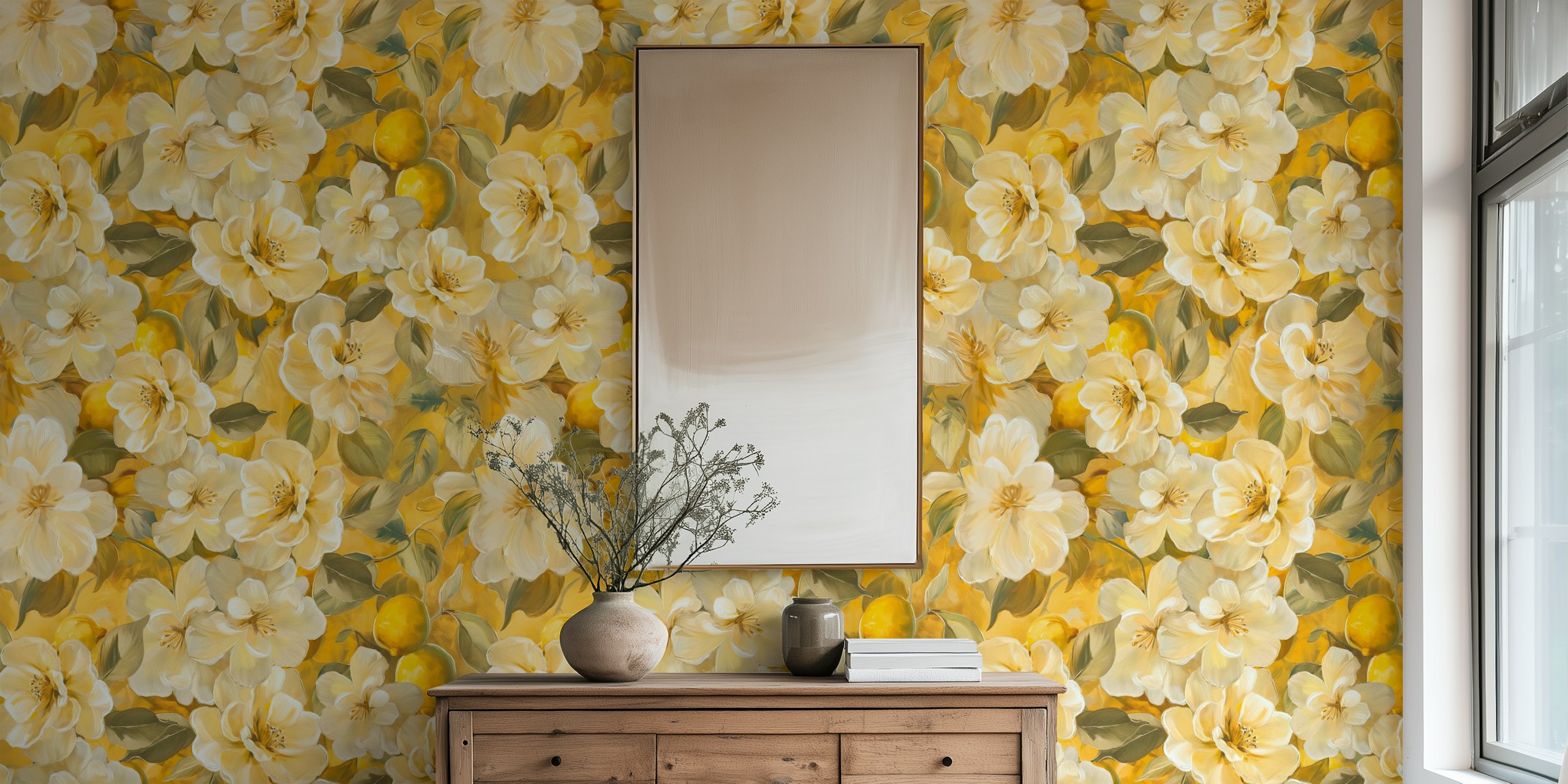 Lemon Scented Blooms behang in een kamer