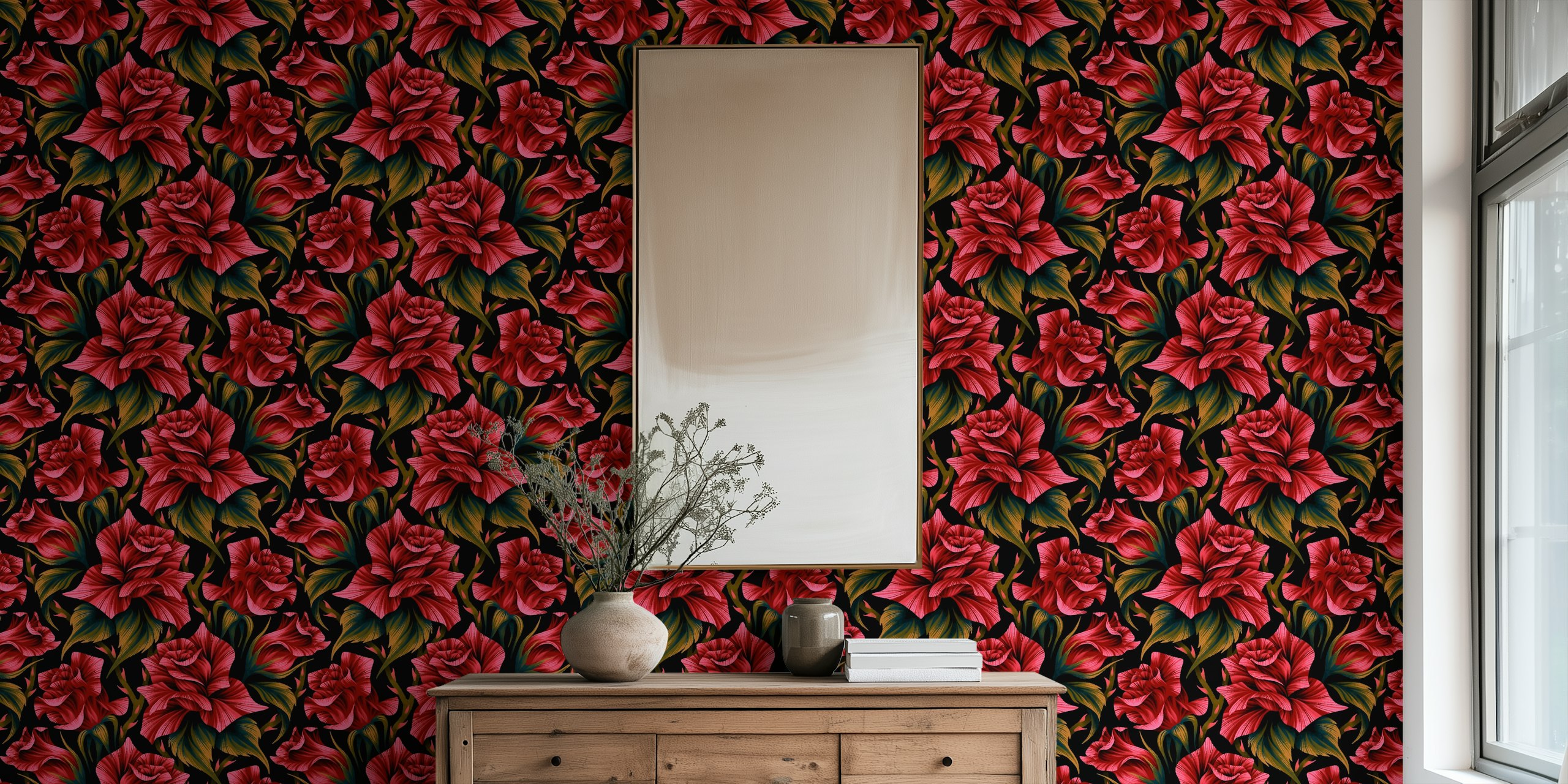 Diseño de papel pintado rojo y negro Classic Rose